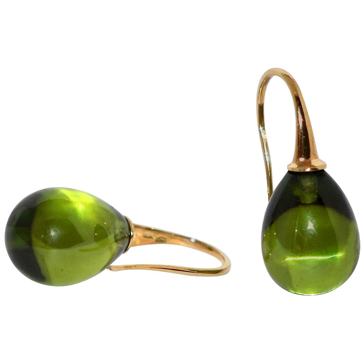 Olive Quartz and Yellow Gold 18 Karat Drop Earrings