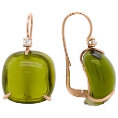 Olive Quartz with Diamonds on Pink Gold 18 Karat Lever-Back Earrings