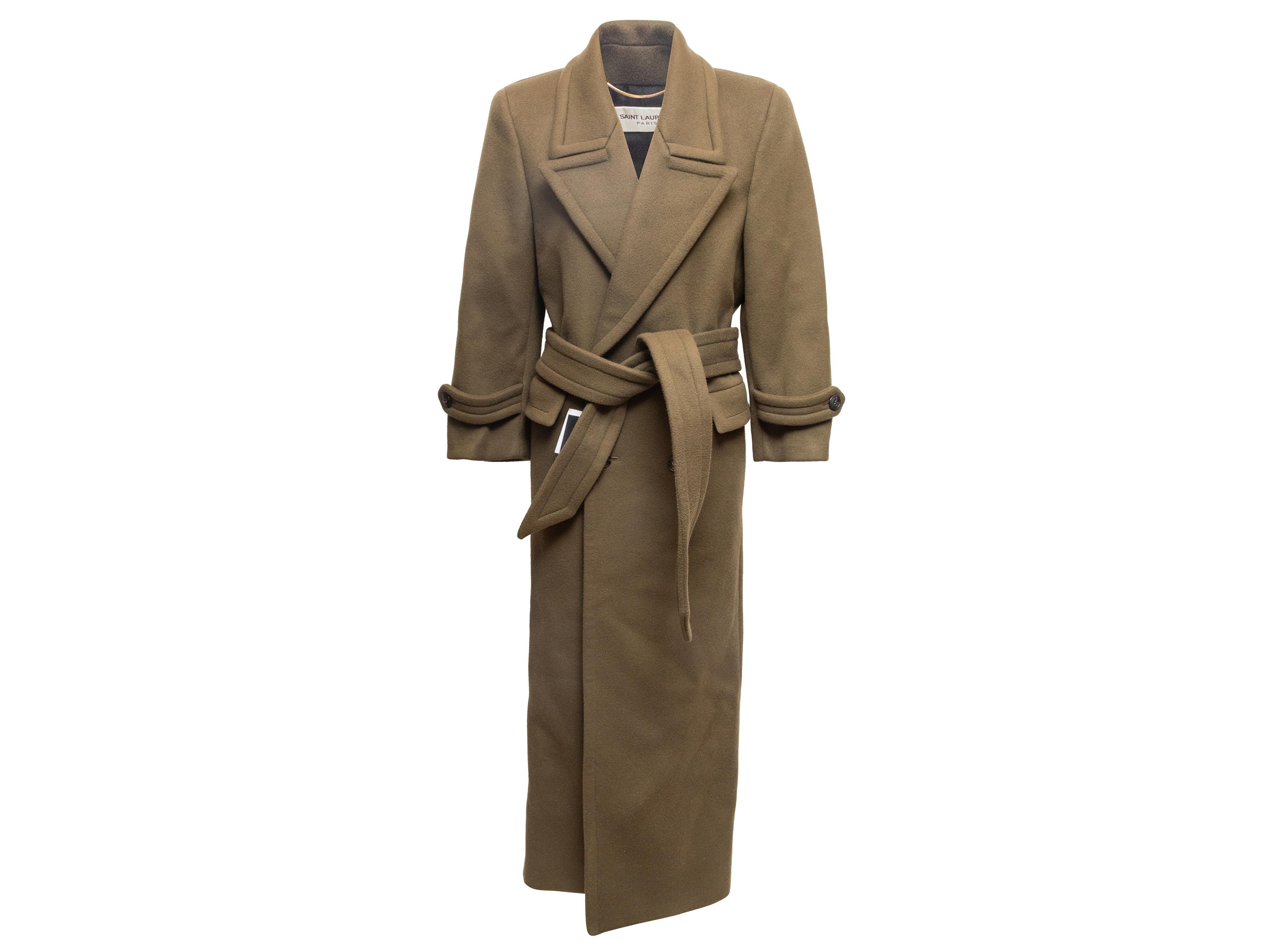 Trench in lana con cintura lunga di Oliver di Saint Laurent. Risvolto dentellato. Doppie tasche sui fianchi. Chiusura in vita con cintura a fusciacca. Seno 38