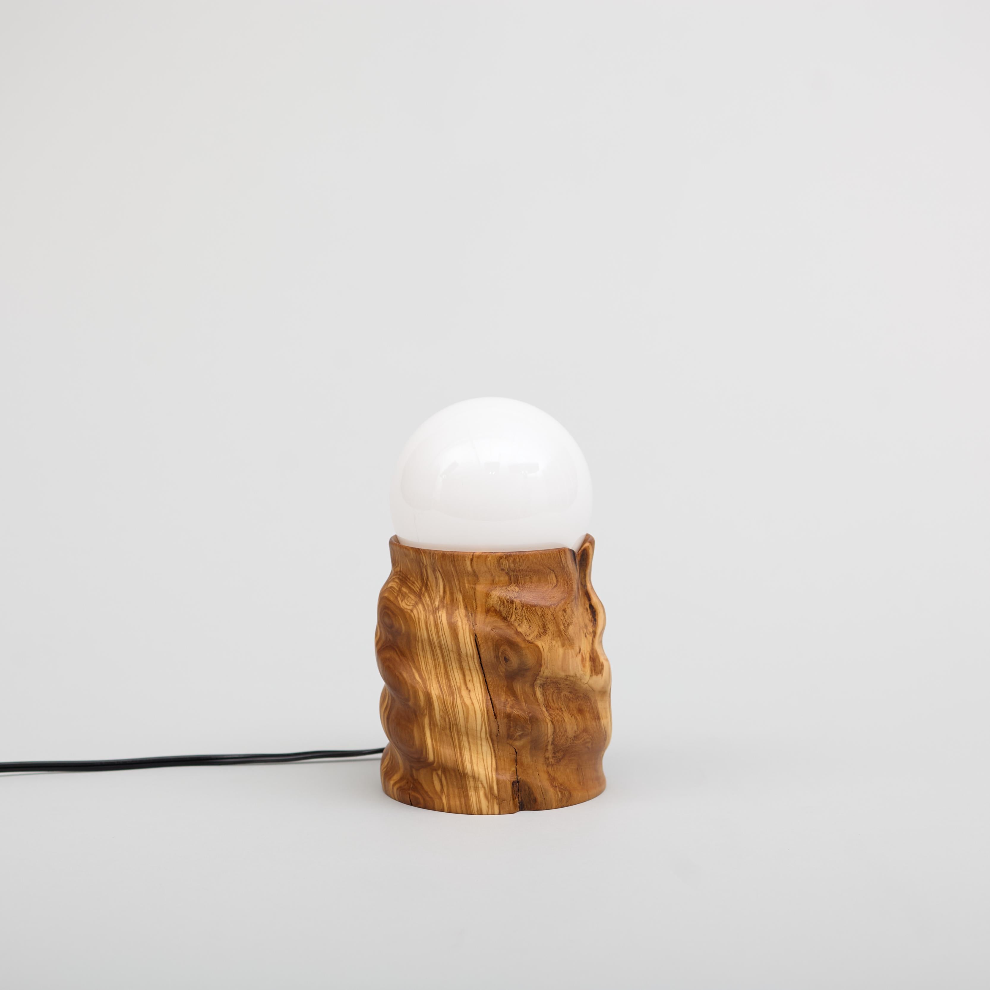 Modern Olive Sculptural Table Lamp, Hand Turned Reclaimed Wood, MCM For Sale