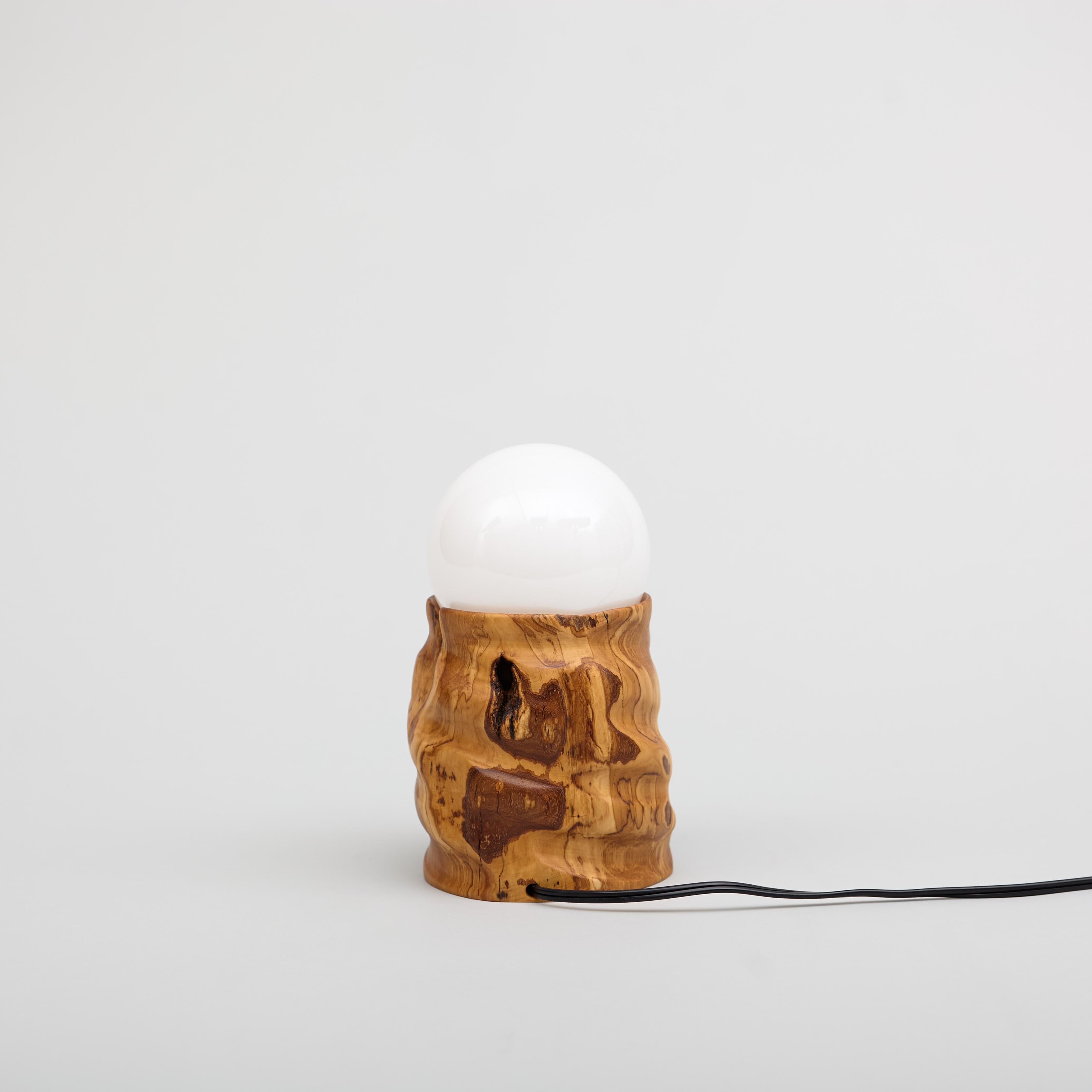 Hand-Crafted Olive Sculptural Table Lamp, Hand Turned Reclaimed Wood, MCM For Sale
