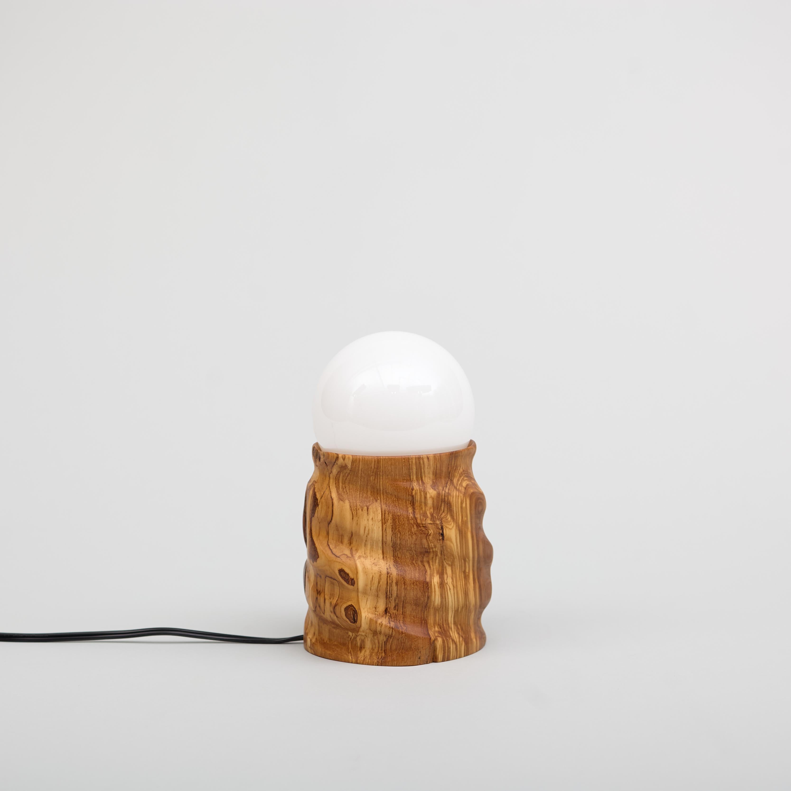 Contemporary Olive Sculptural Table Lamp, Hand Turned Reclaimed Wood, MCM For Sale