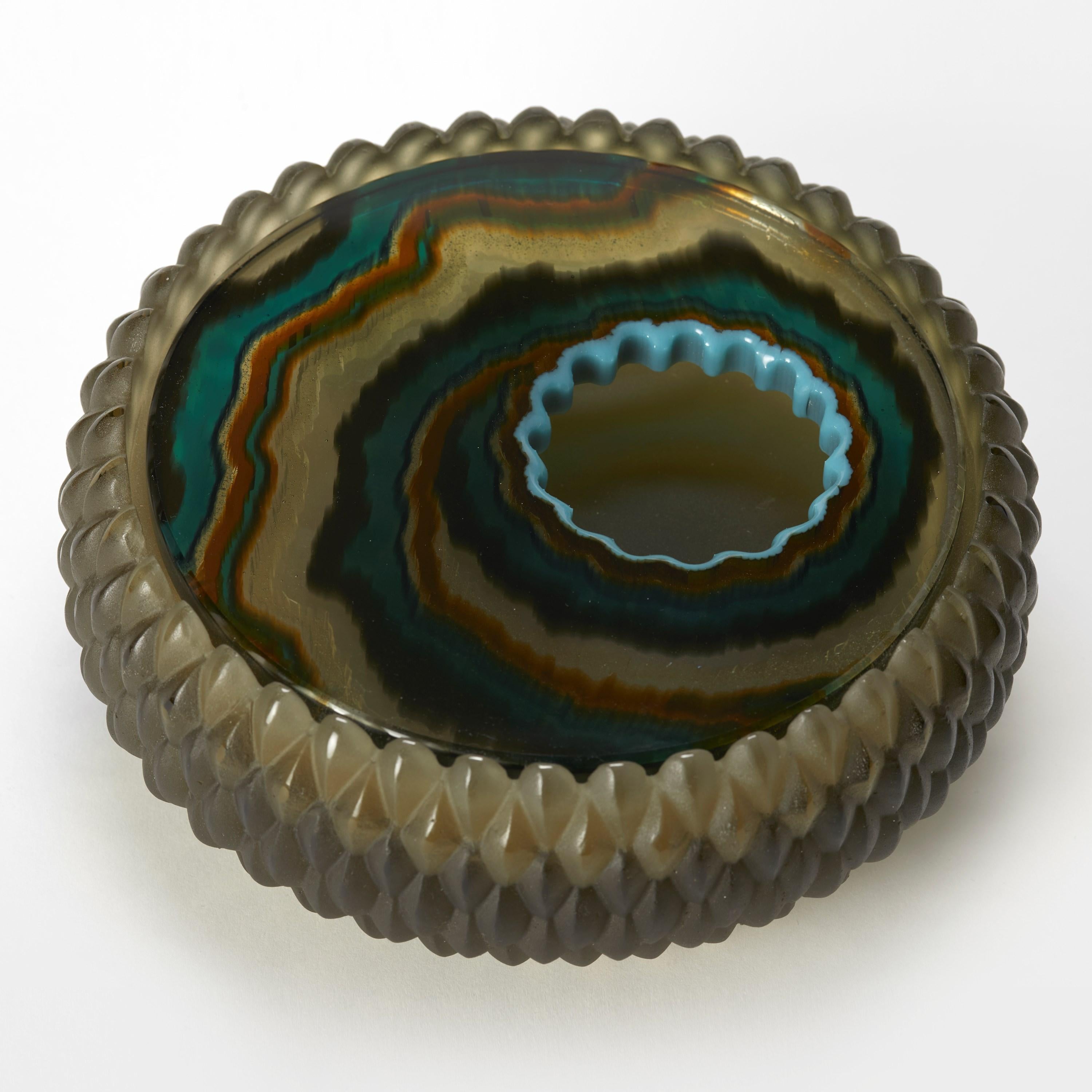 Organique Olive Smoke Tourbillon, une boîte en verre vert, Brown, ocre et jade par Angela Jarman en vente