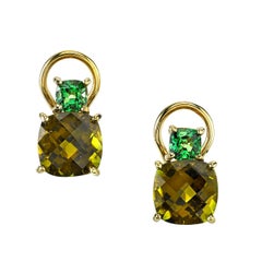 Olive Tourmaline and Tsavorite Garnet 18k Yellow Gold French Clip Post Earrings