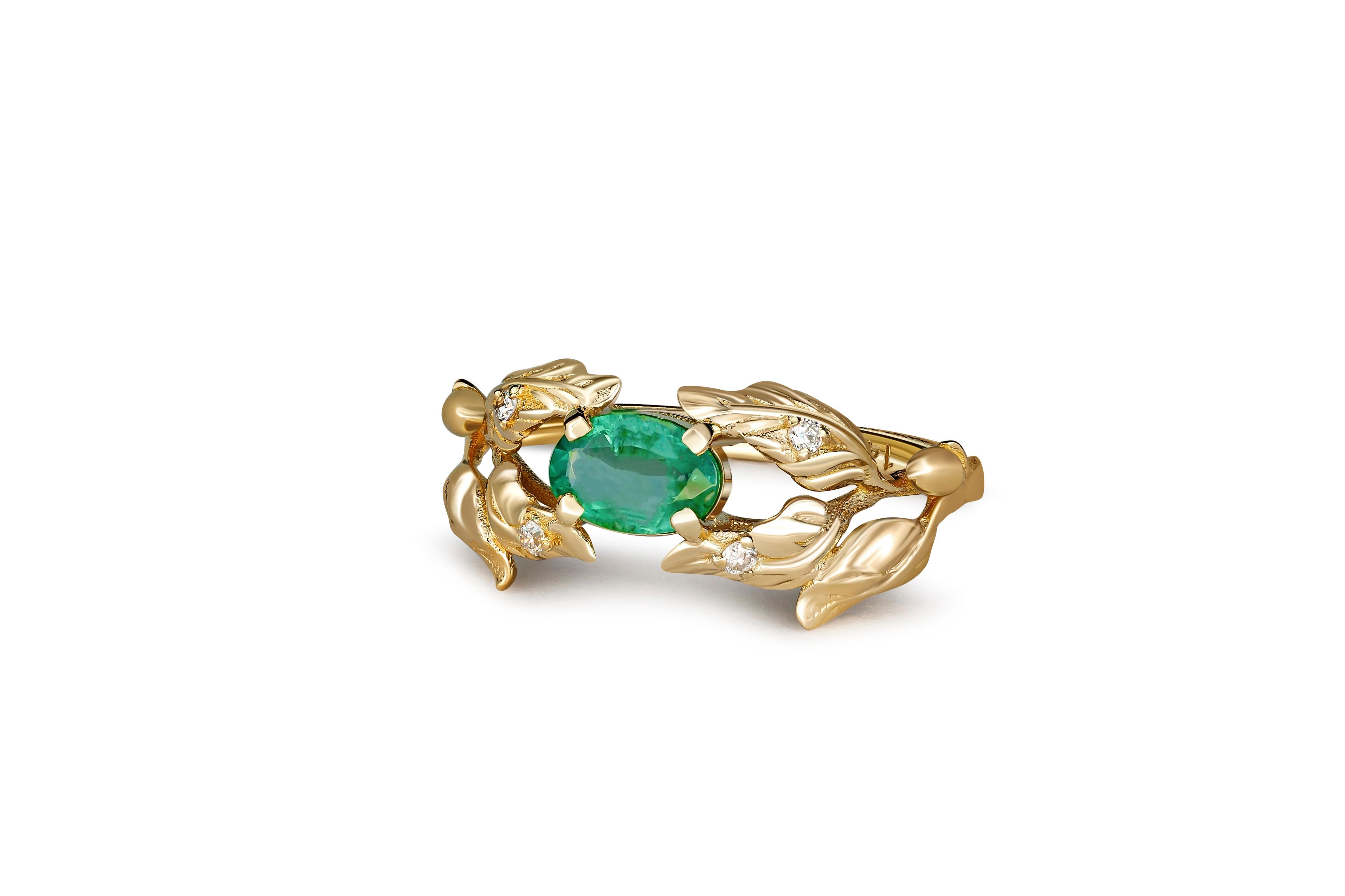 Olive tree gold ring with emerald. 
Oval emerald ring in 14k gold. Branch gold ring. Gold Leaves ring. May birthstone ring. May birthstone ring.

Metal: 14 karat gold
Weight: 2.3 g. depends from size.

Set with emerald, color - green  
Oval cut,