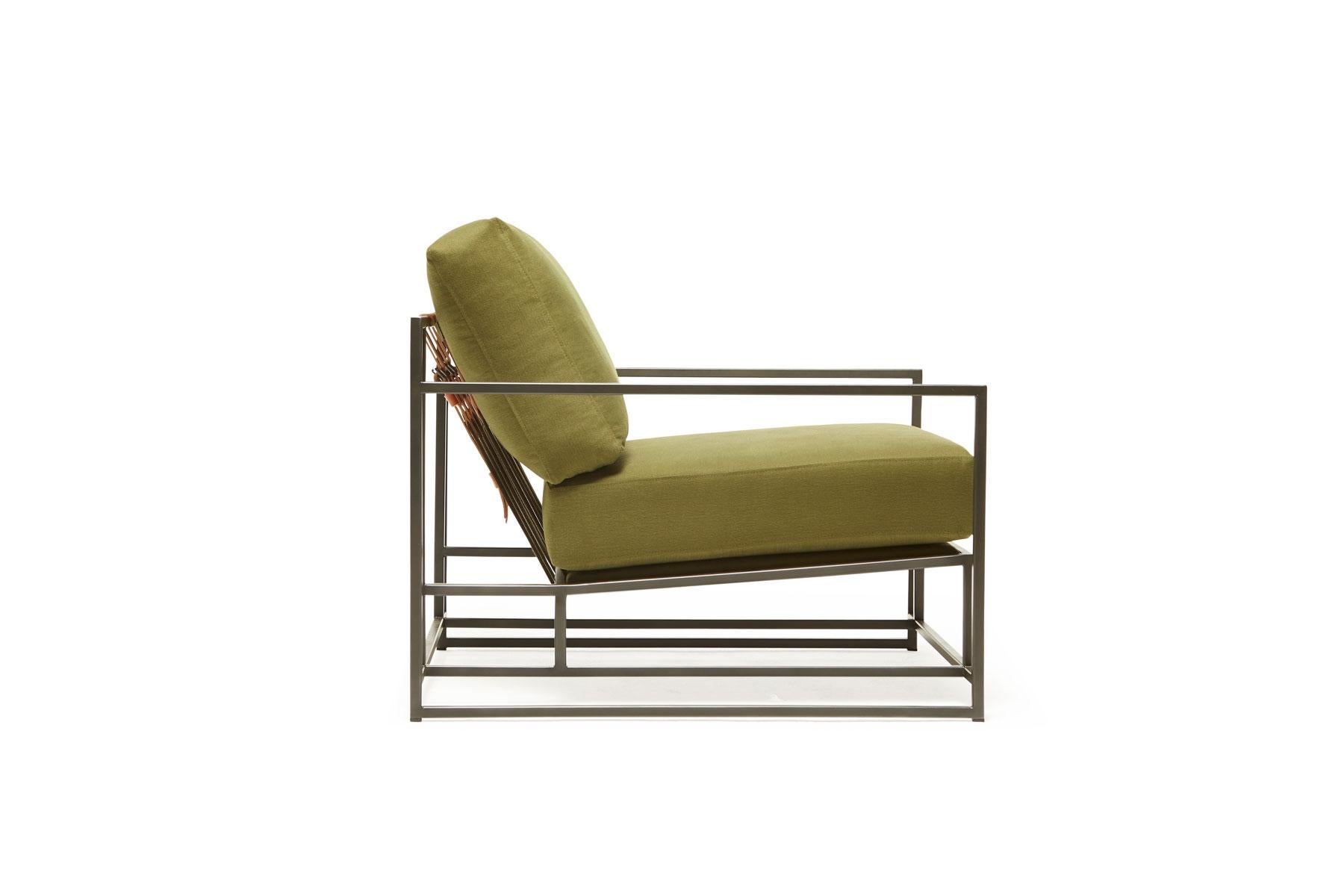 Modern Olive Twill Canvas and Blackened Steel Armchair For Sale
