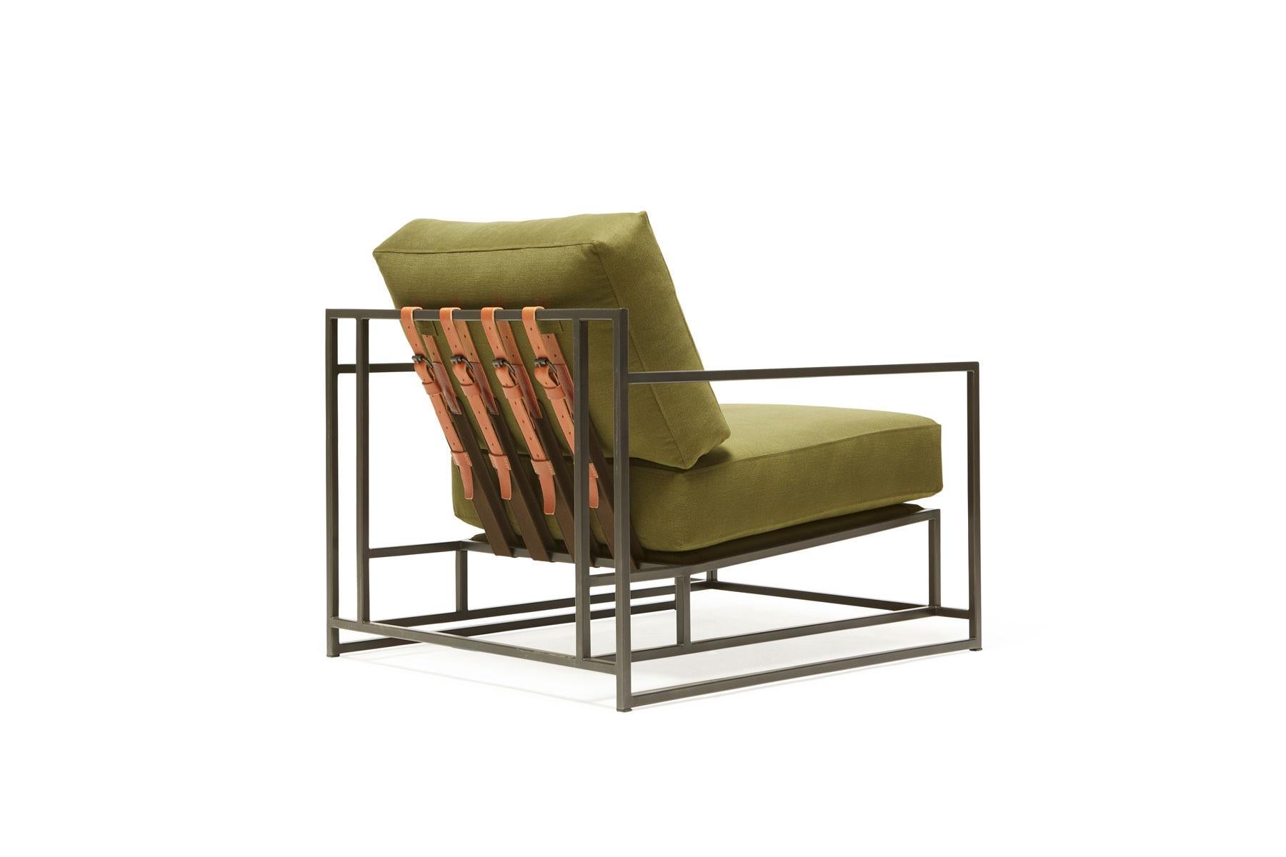 American Olive Twill Canvas and Blackened Steel Armchair For Sale