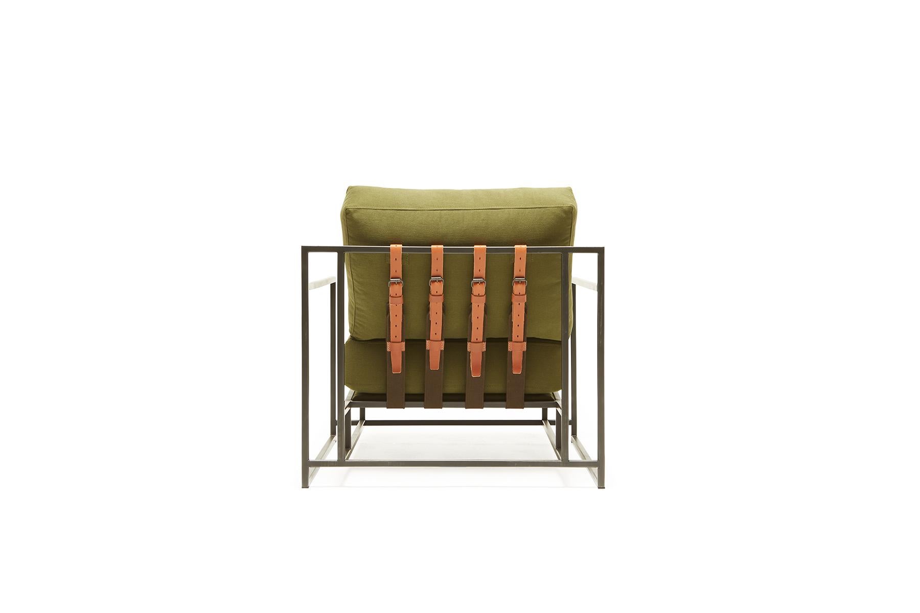 Metalwork Olive Twill Canvas and Blackened Steel Armchair For Sale
