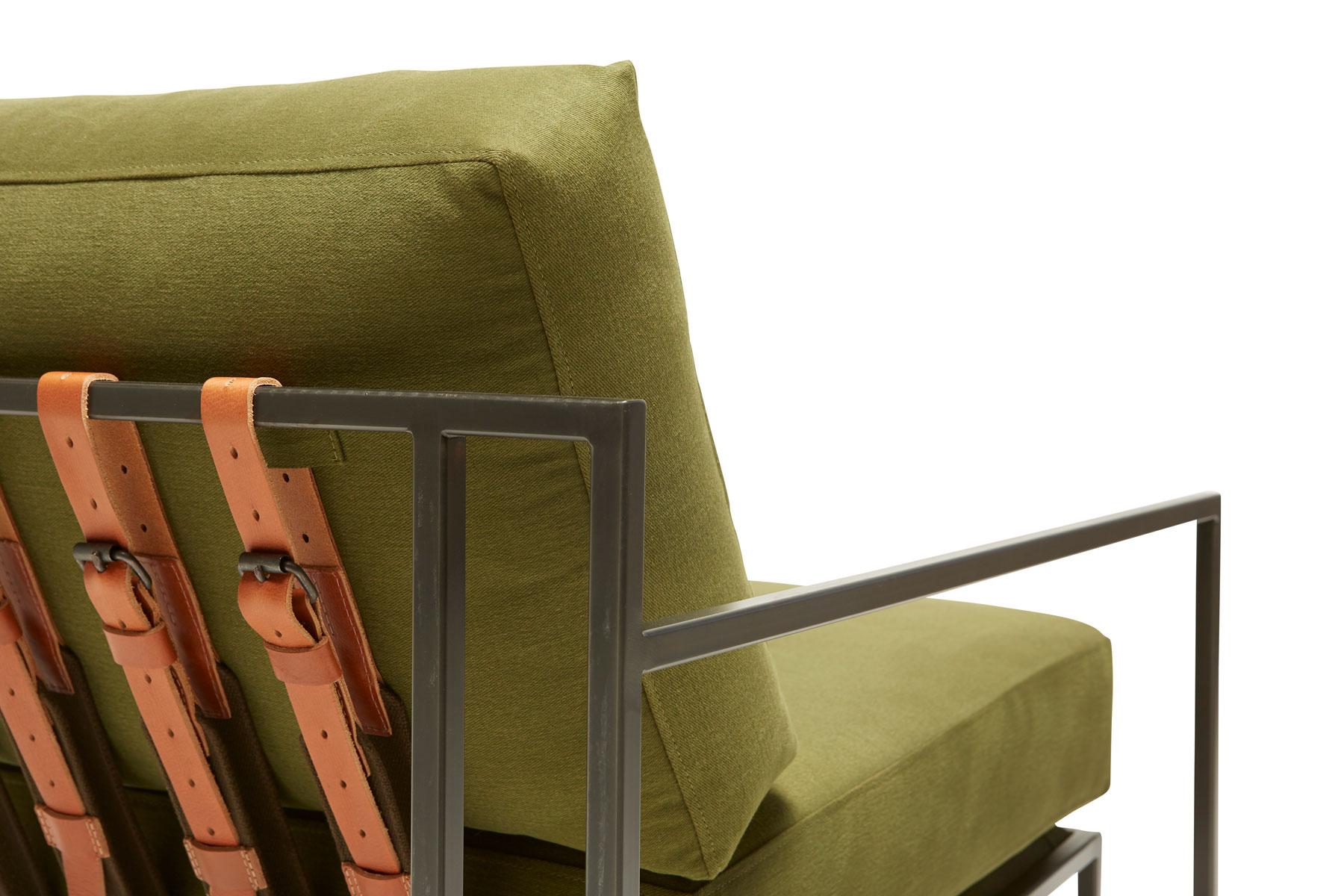 Contemporary Olive Twill Canvas and Blackened Steel Armchair For Sale