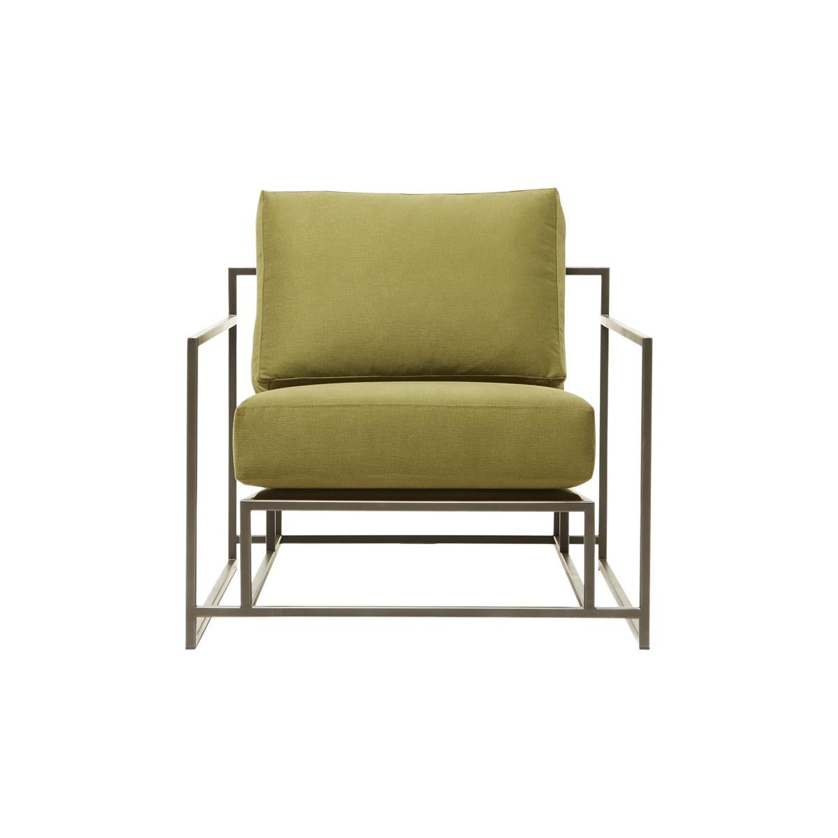 Olive Twill Canvas and Blackened Steel Armchair For Sale