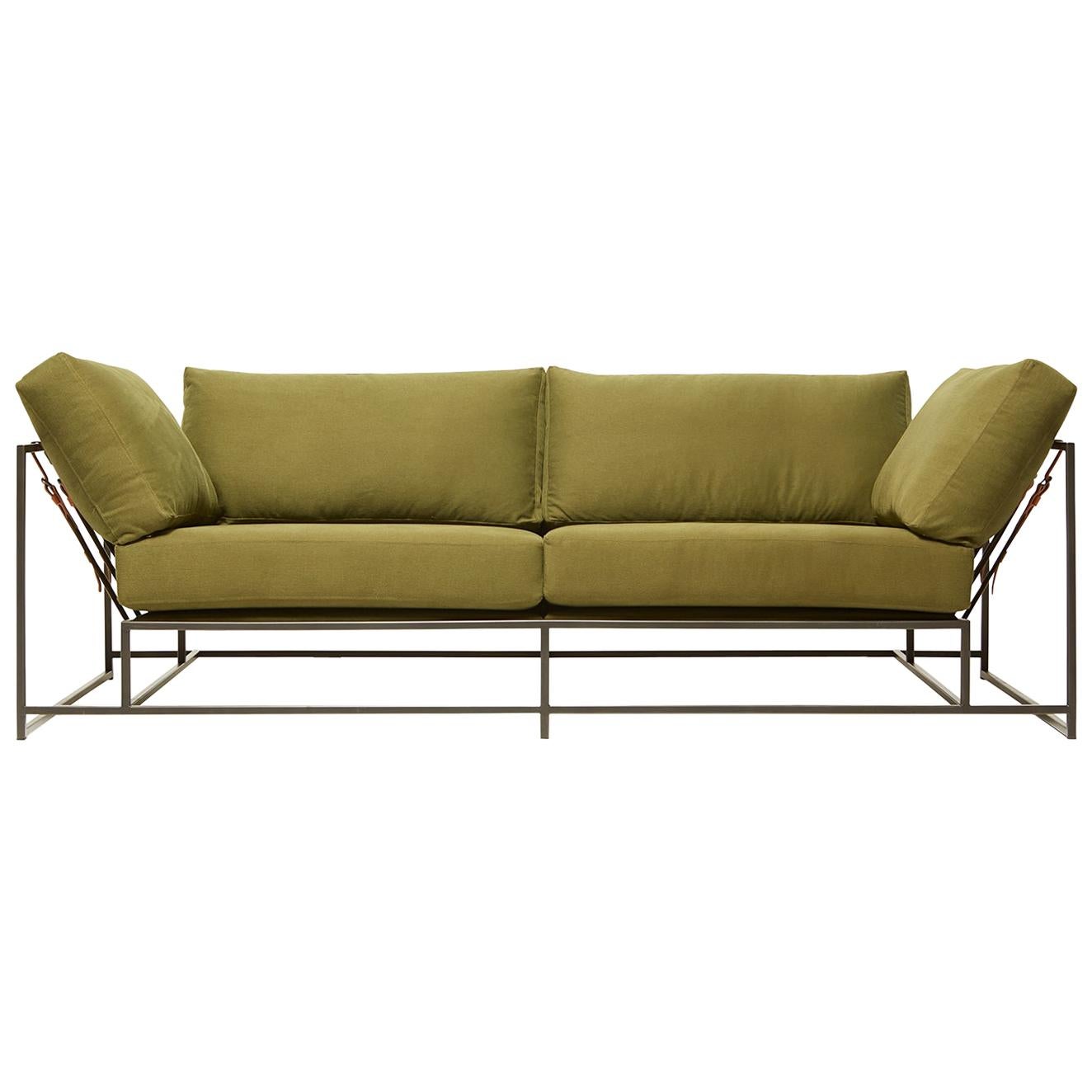 Olive Twill Canvas and Blackened Steel Two-Seat Sofa For Sale
