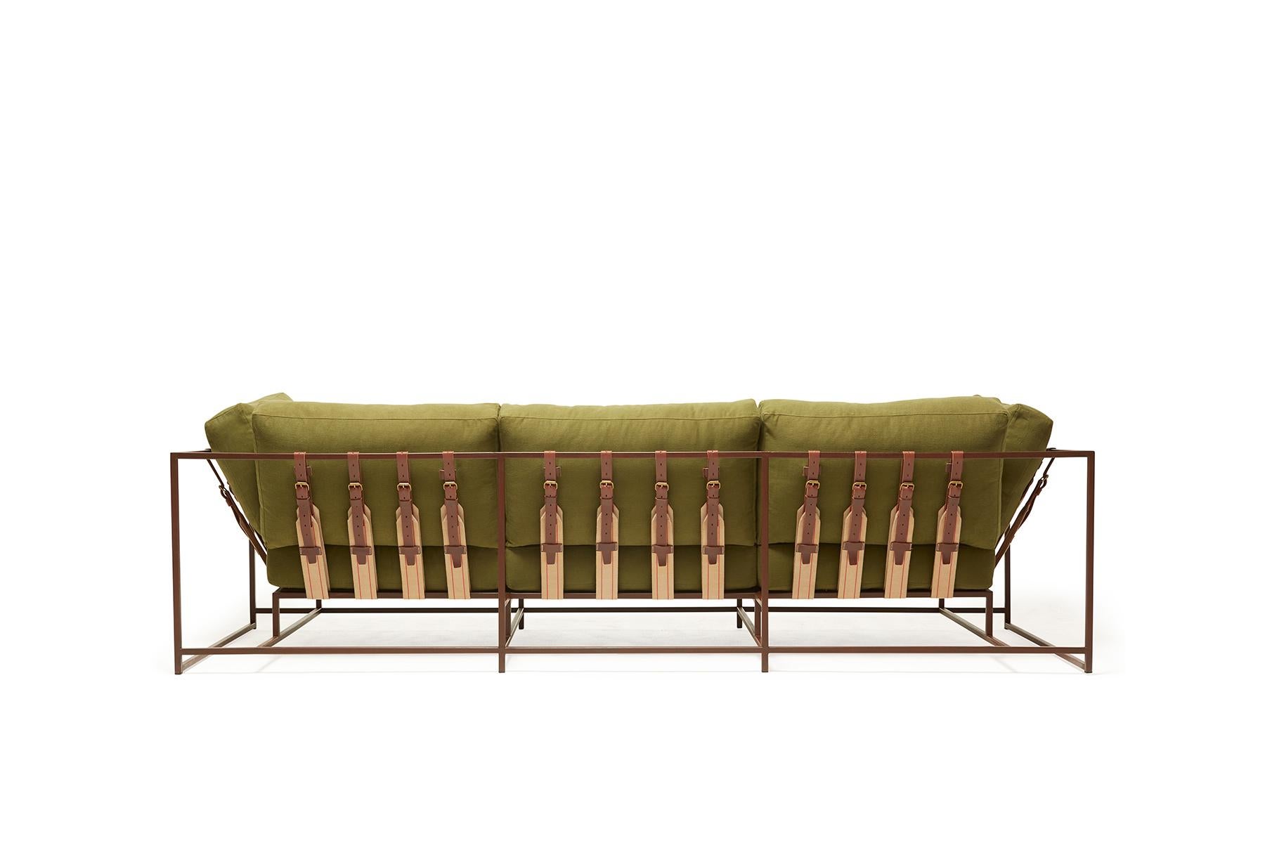 Modern Olive Twill Canvas and Marbled Rust Sofa For Sale