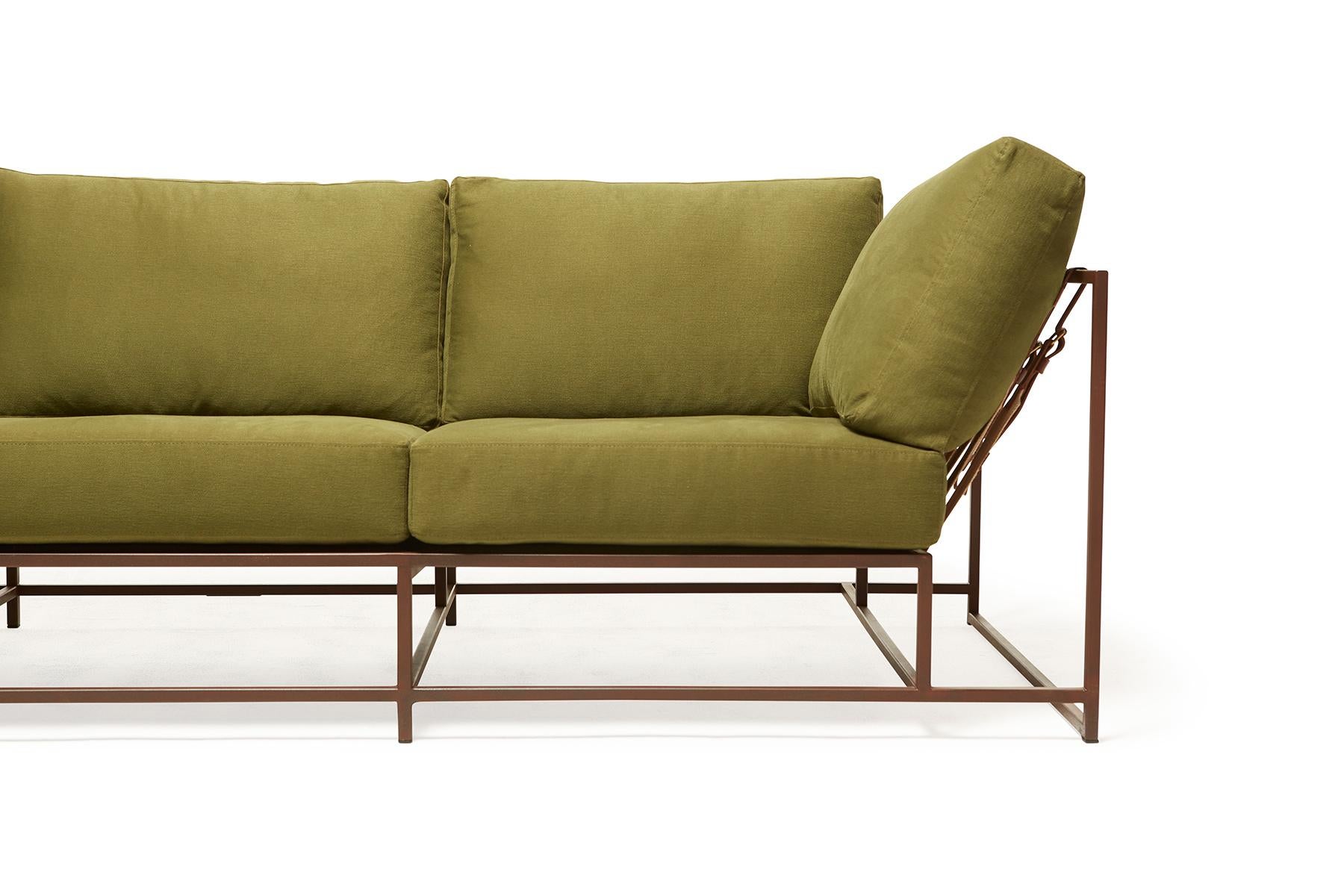 American Olive Twill Canvas and Marbled Rust Sofa For Sale