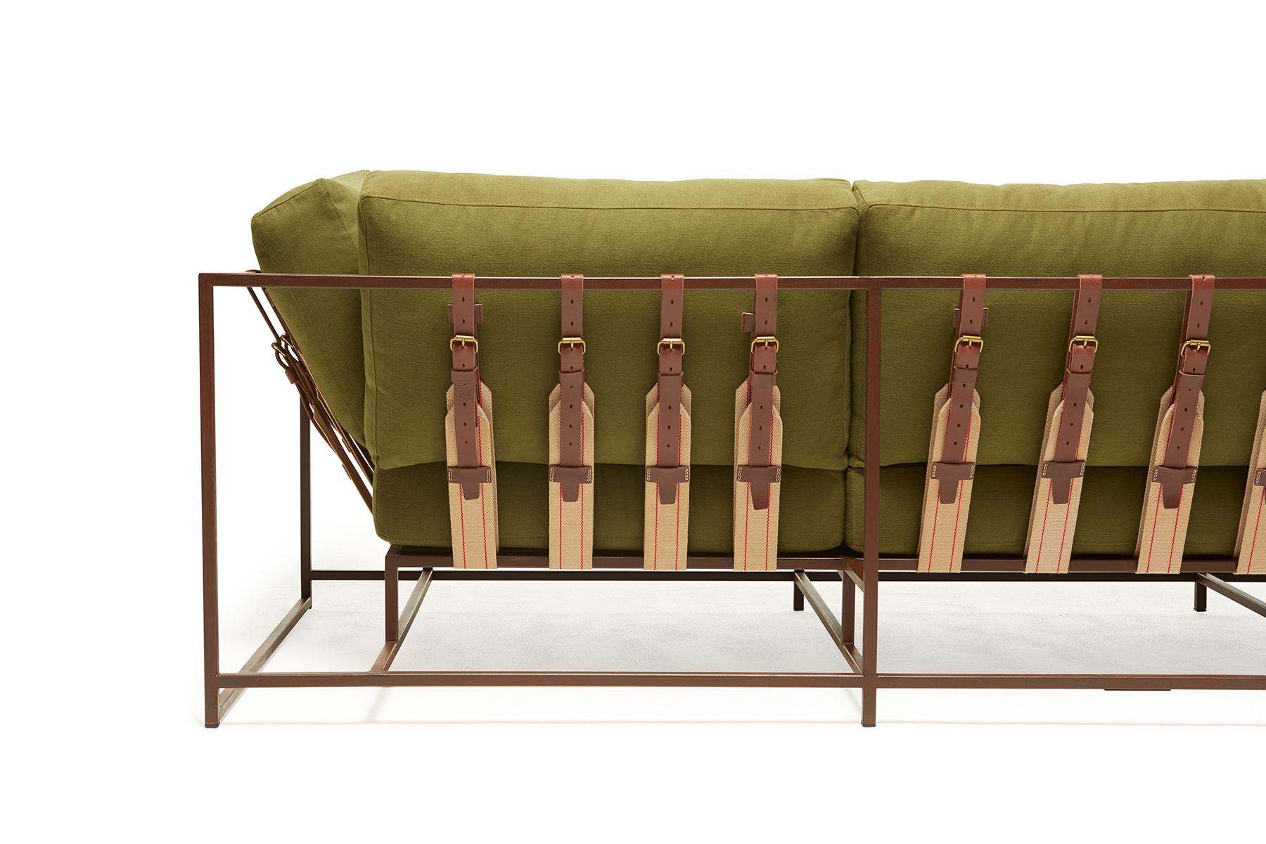 Metalwork Olive Twill Canvas and Marbled Rust Sofa For Sale