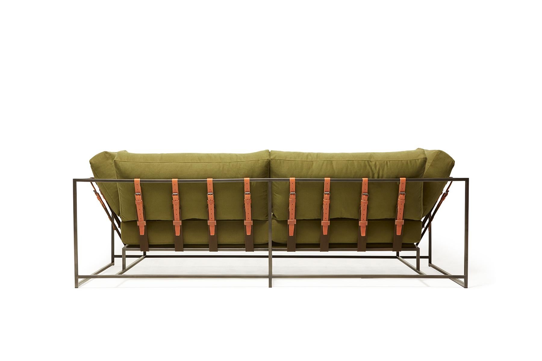 Modern Olive Twill Canvas and Blackened Steel Two-Seat Sofa For Sale