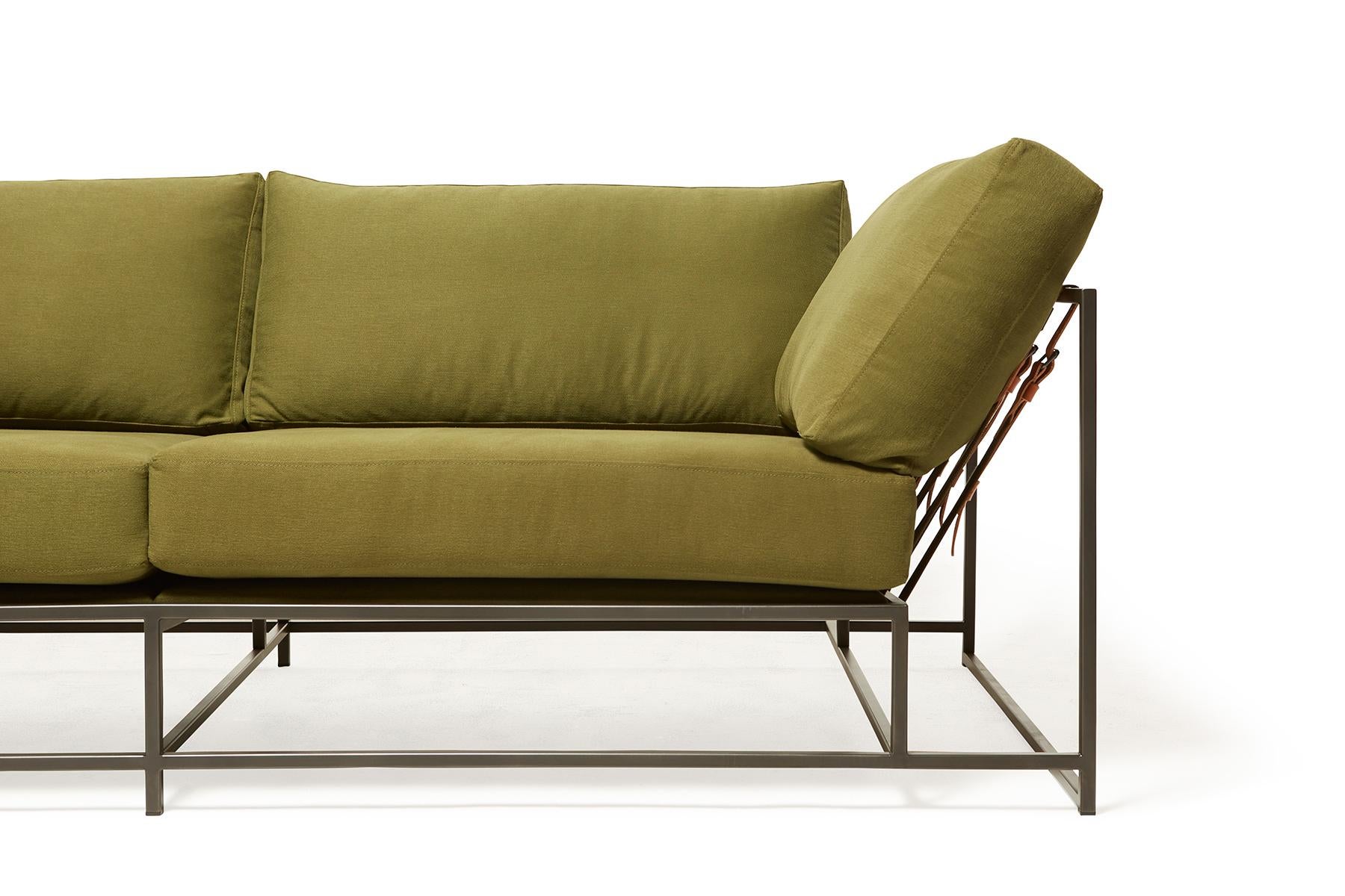 American Olive Twill Canvas and Blackened Steel Two-Seat Sofa For Sale