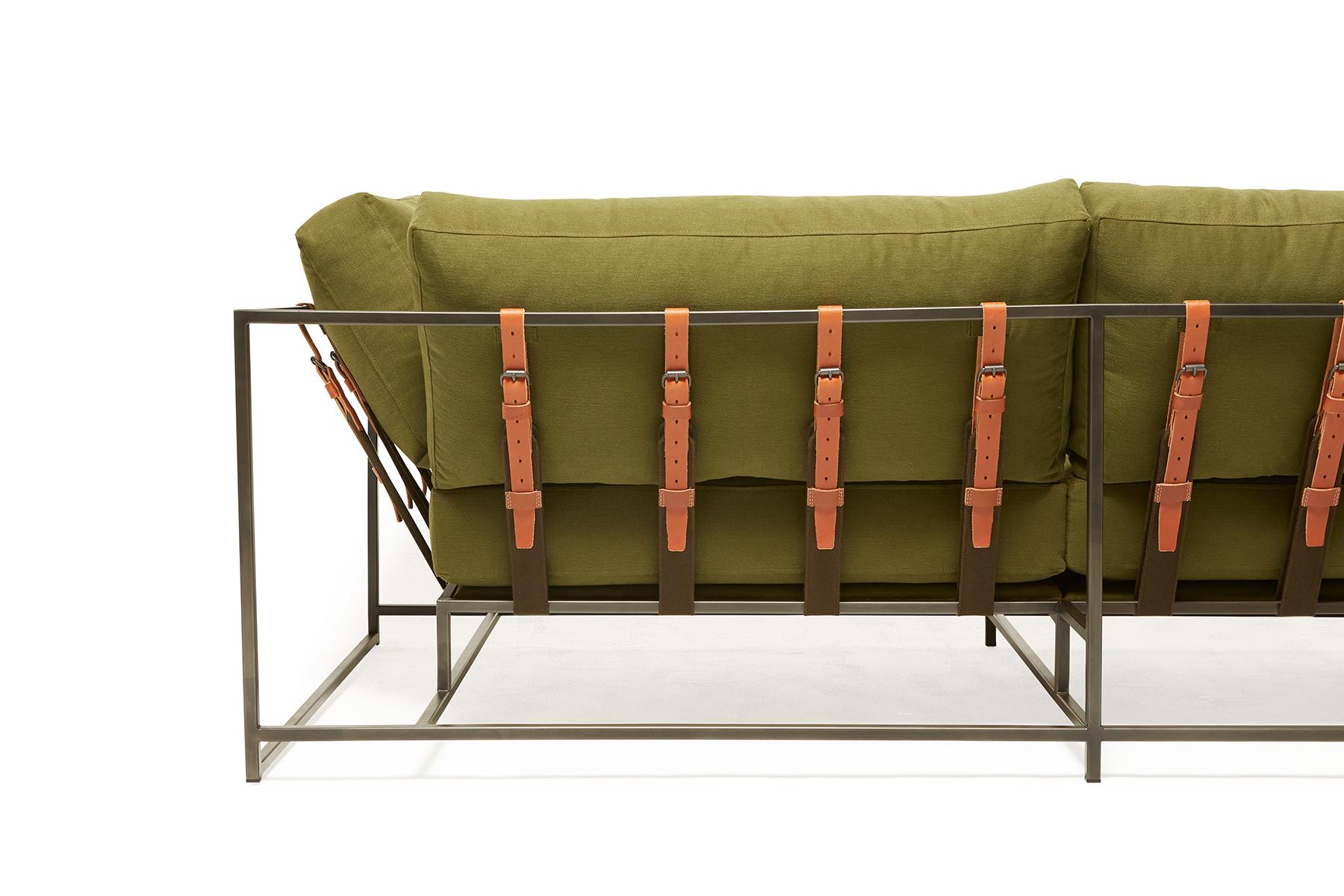Metalwork Olive Twill Canvas and Blackened Steel Two-Seat Sofa For Sale