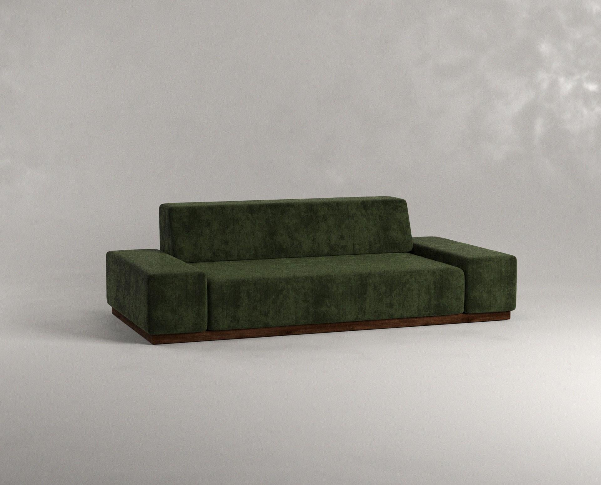 Olive Two Seater Nube Sofa by Siete Studio
Dimensions: D200 x W100 x H60 cm.
Materials: Walnut, cushions, upholstery.

Characterised by its round edges and soft white cushions, Nube carries the comforting sensation of falling into a cloud.
The
