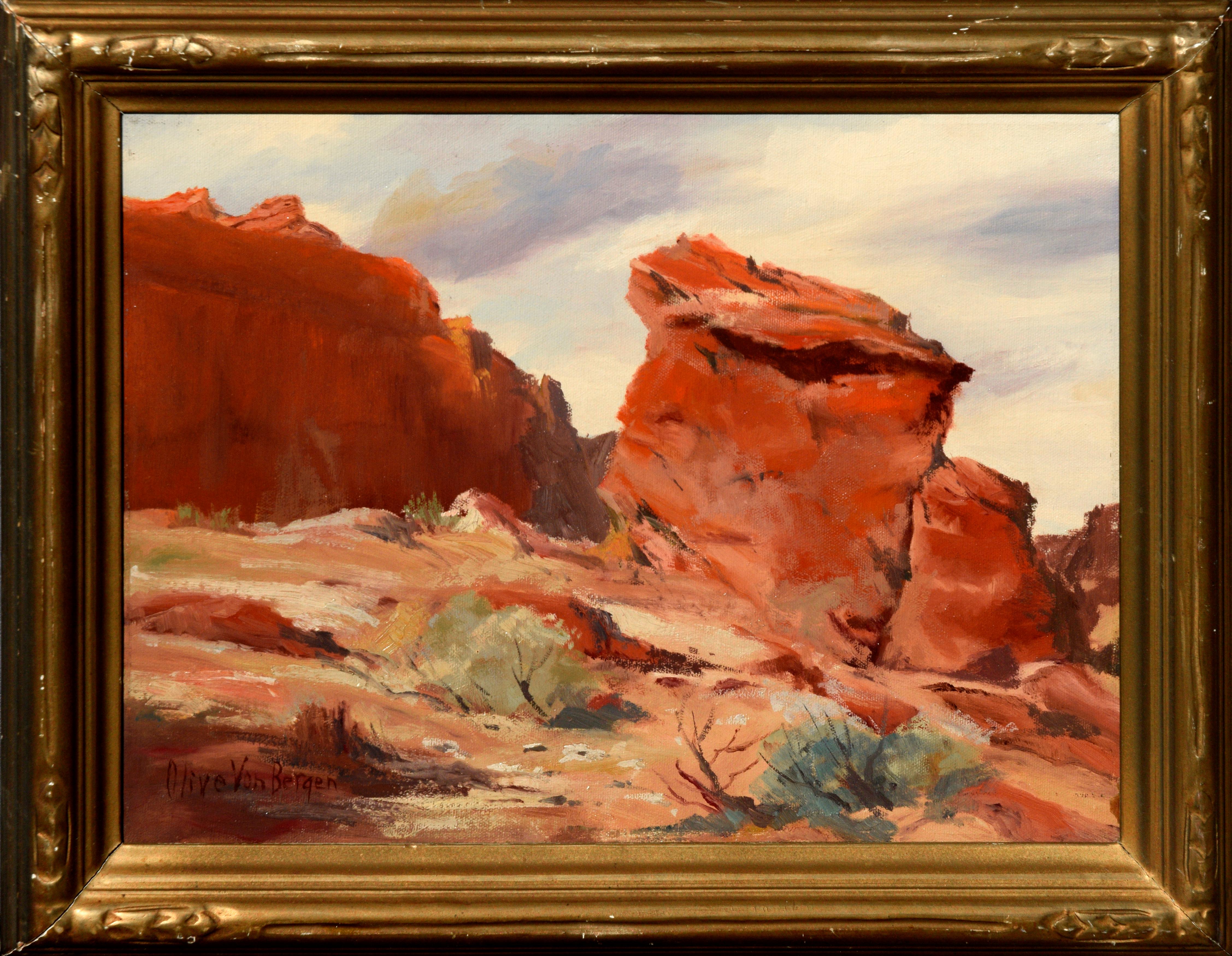 Landscape Painting Olive Von Bergen - Paysage de roches rouges du désert des années 1940 