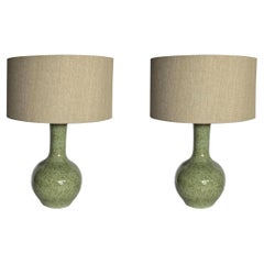 Olive With Brown Splatter Design Pair Lamps With Shades, China, Contemporary