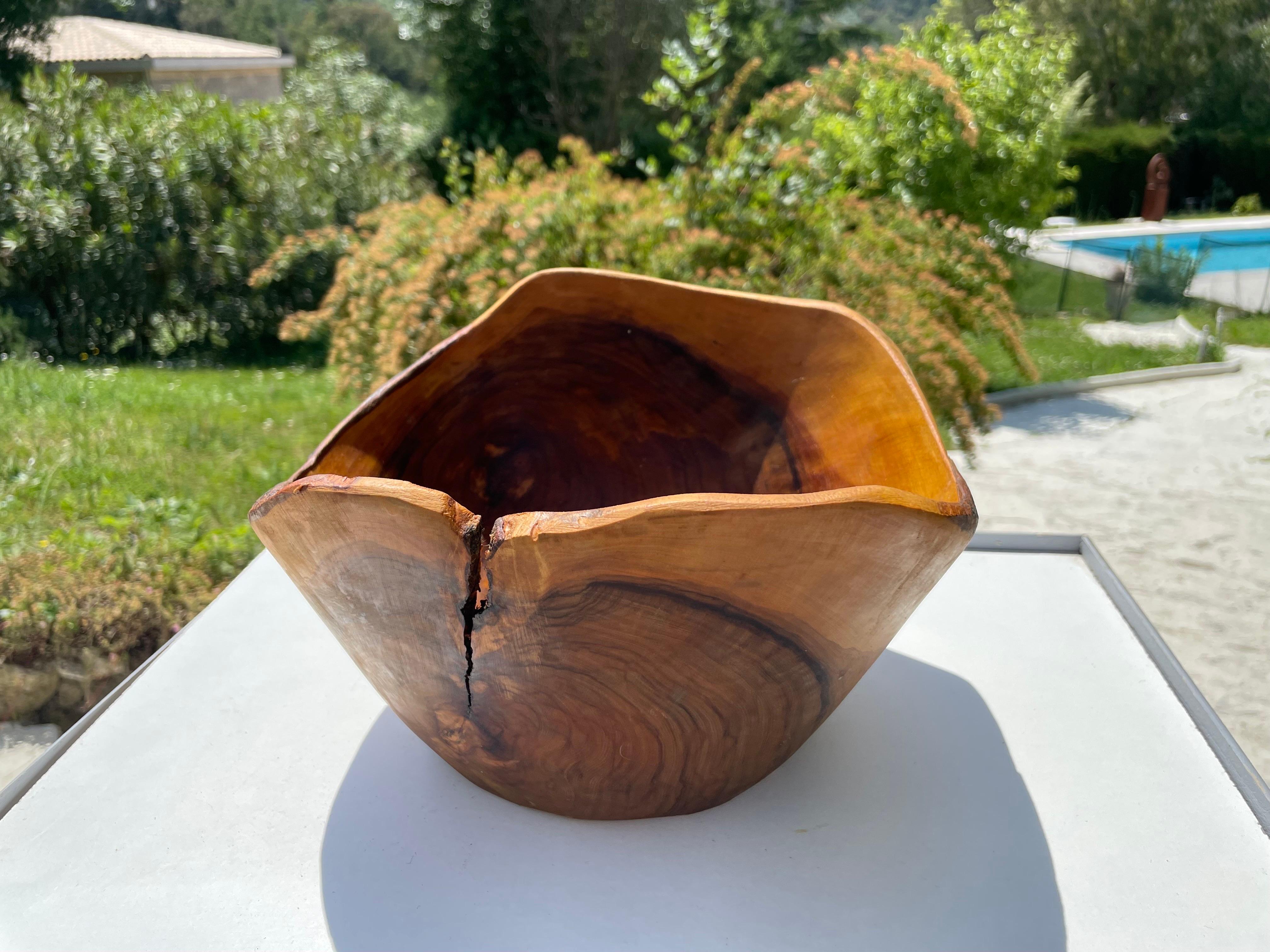 Mid-Century Modern Olive Wood Bowl, French Riviera Style, France 1960, Brown Color For Sale