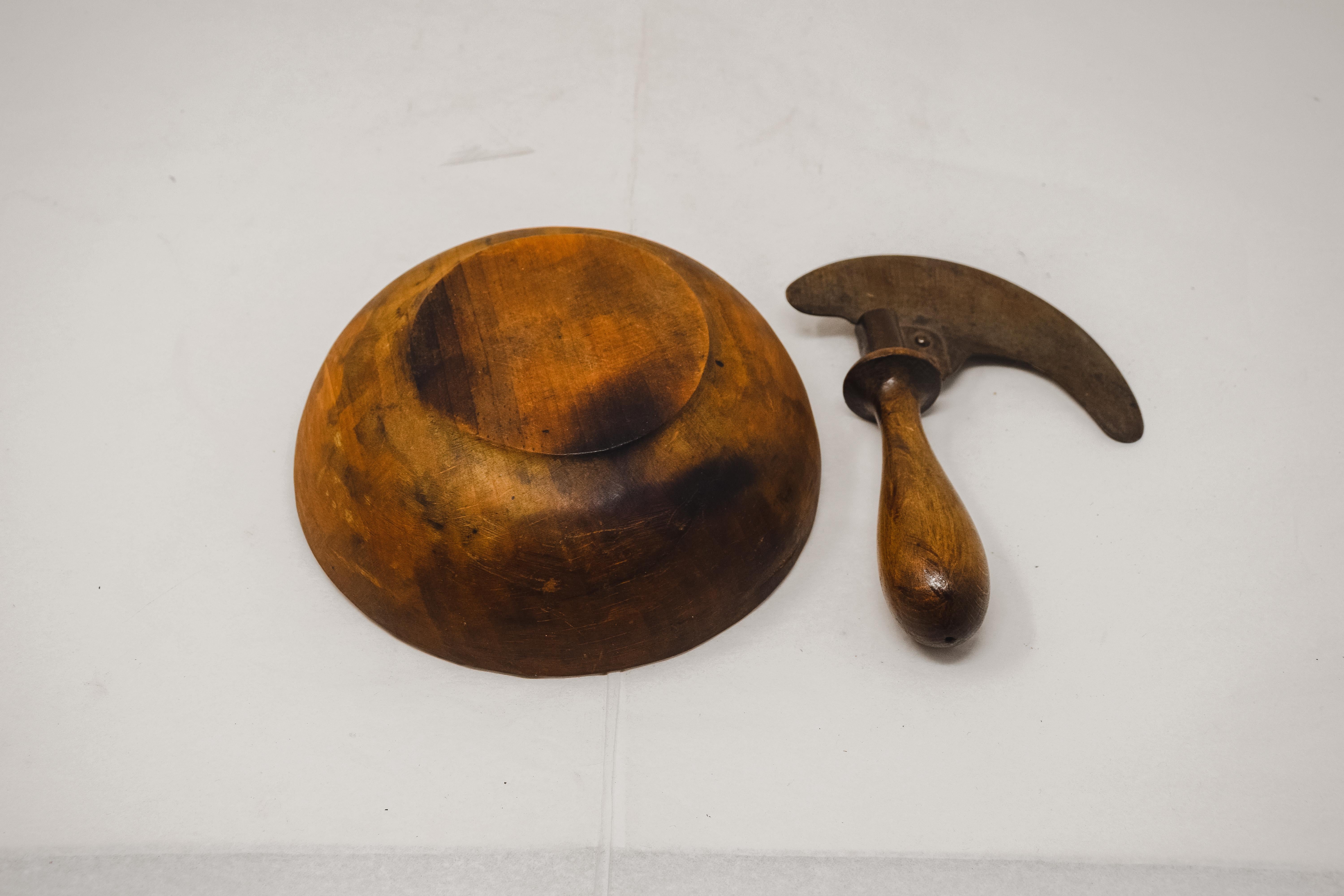 19th Century Olive Wood Bowl with Herb Cutter