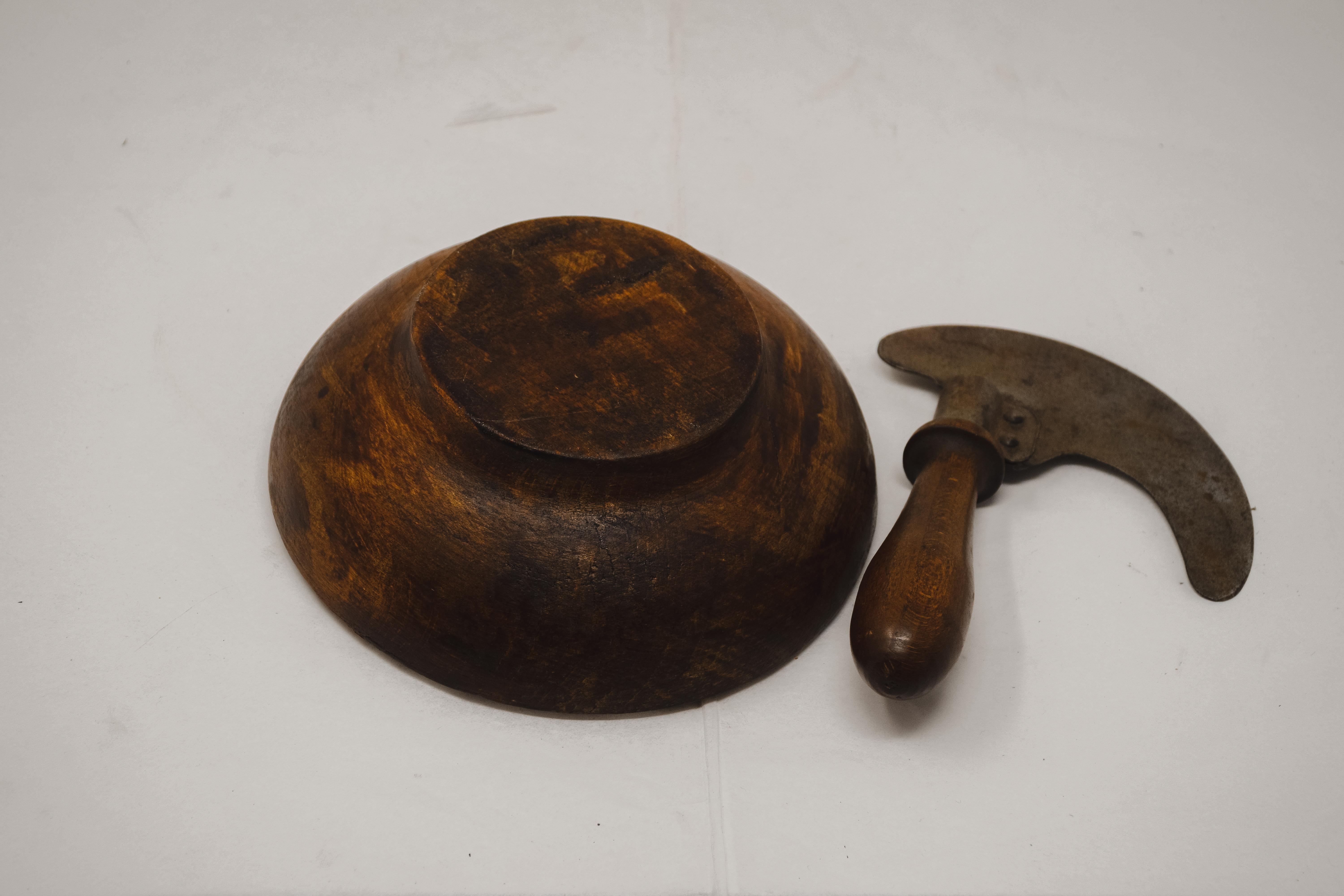 Steel Olive Wood Bowl with Herb Cutter For Sale