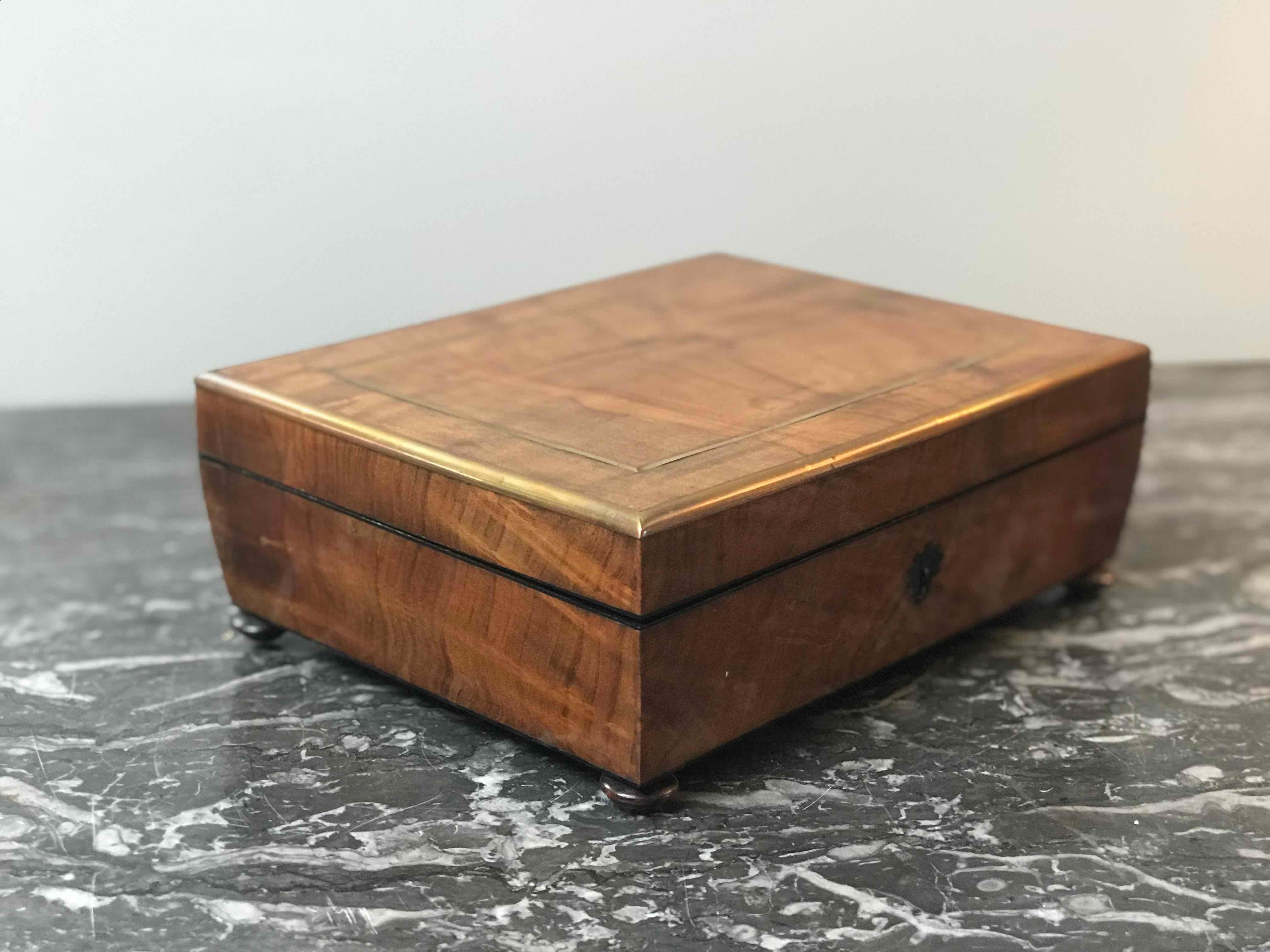 Early Victorian Olive Wood Brass Inlaid Box from Mid-19th Century England