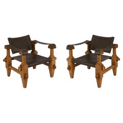 Vintage Bull Leather Midcentury Sling Chairs with Olive Wood