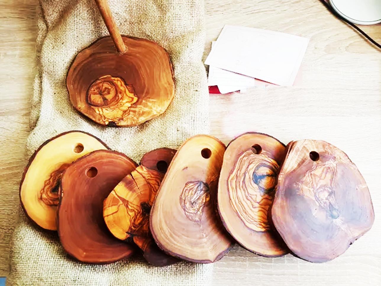 Organic Modern  Coasters Mediterranean  Olive Wood Handmade With Wood Slices Go in Burlap Bag