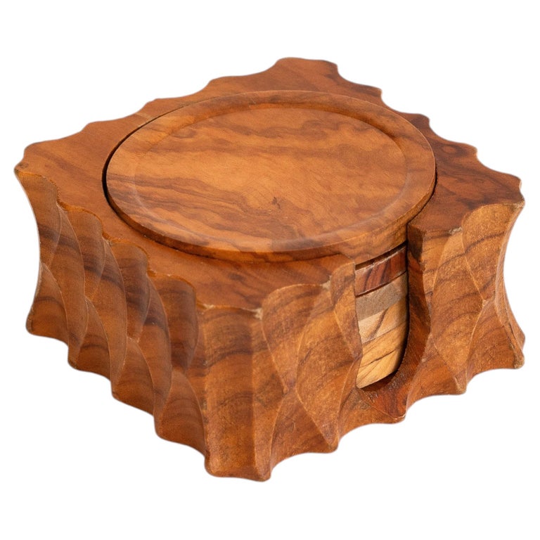 Olive Wood Coaster Set - Mid-Century Modern Carved Wood Coasters - France 1970s