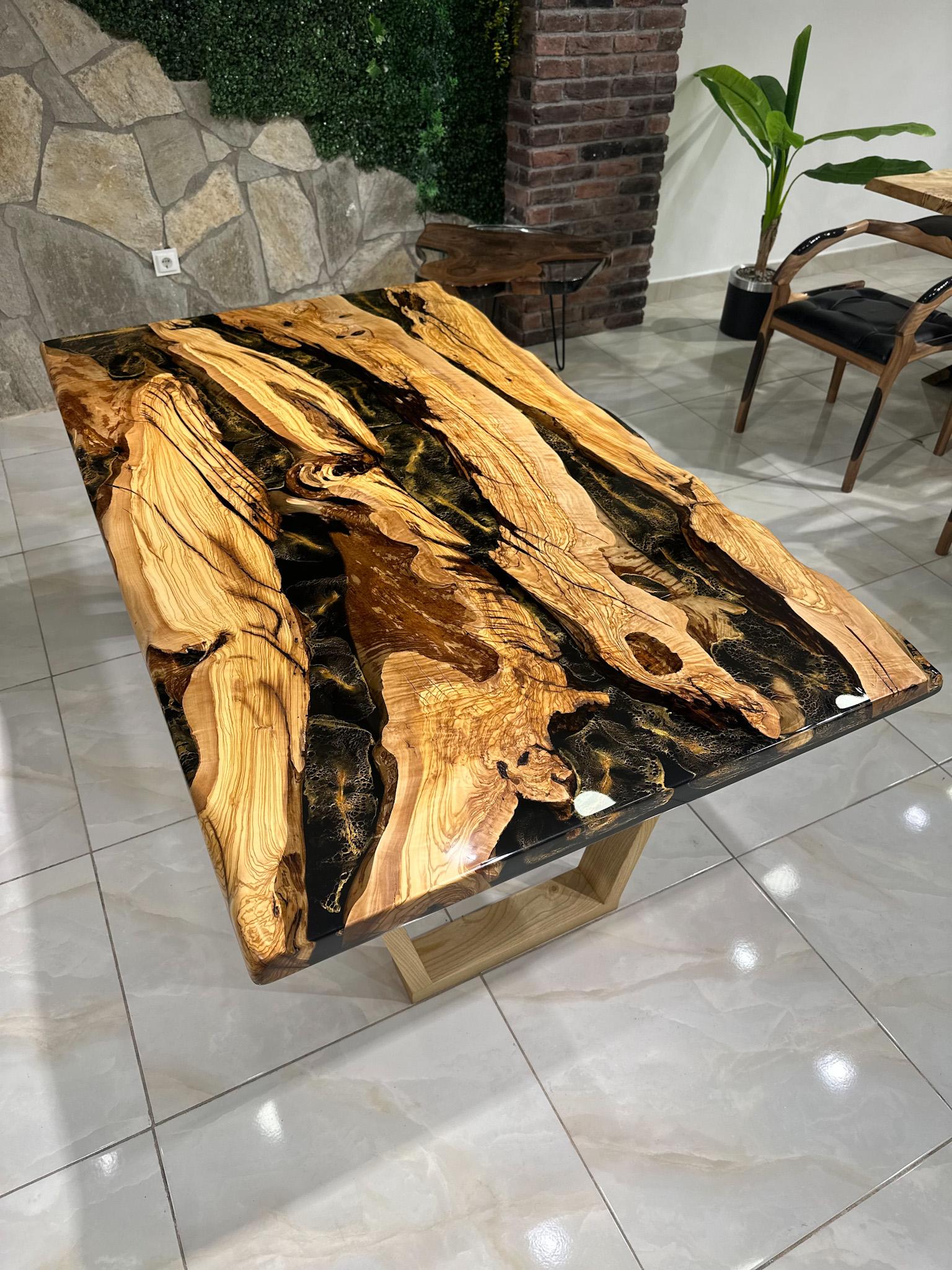 Olive Wood Live Edge Resin Table - Dining Custom Table - Kitchen Table For Sale 2
