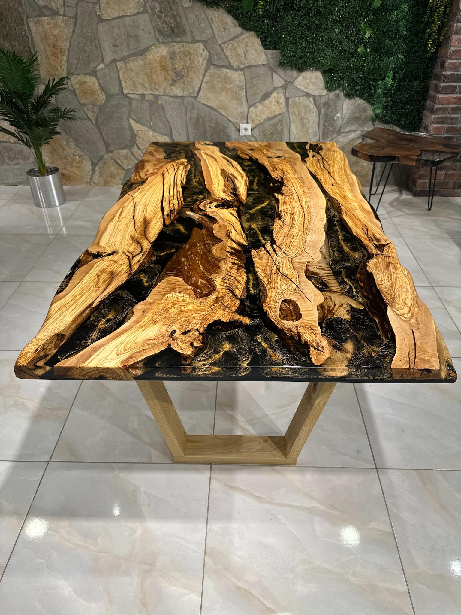 Scandinavian Modern Olive Wood Live Edge Resin Table - Dining Custom Table - Kitchen Table For Sale