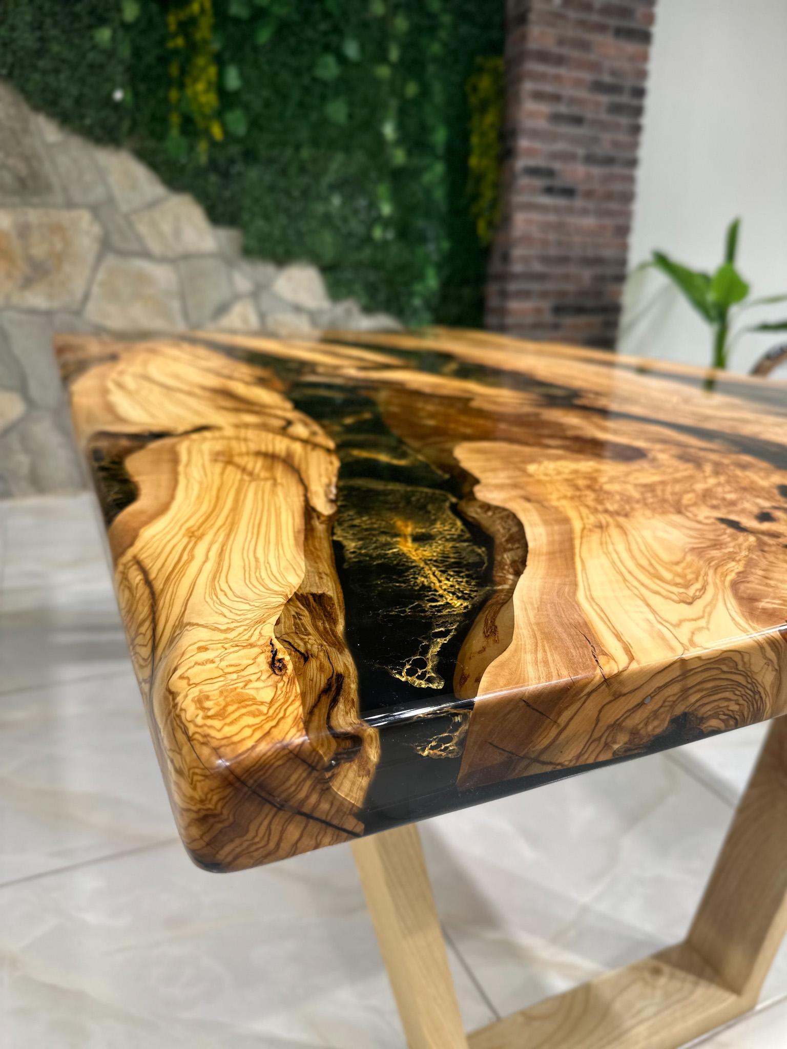 Turkish Olive Wood Live Edge Resin Table - Dining Custom Table - Kitchen Table For Sale