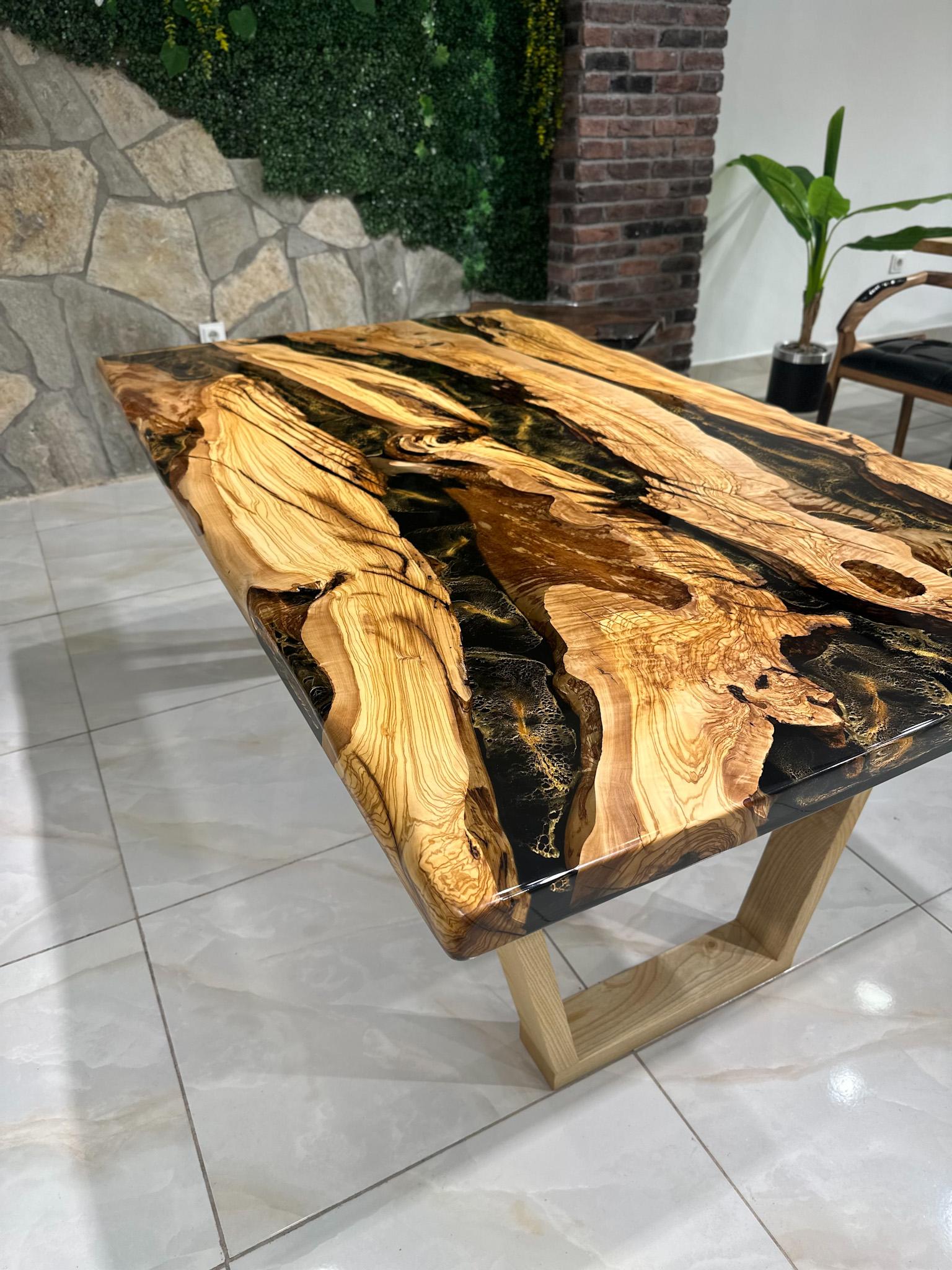 Brushed Olive Wood Live Edge Resin Table - Dining Custom Table - Kitchen Table For Sale
