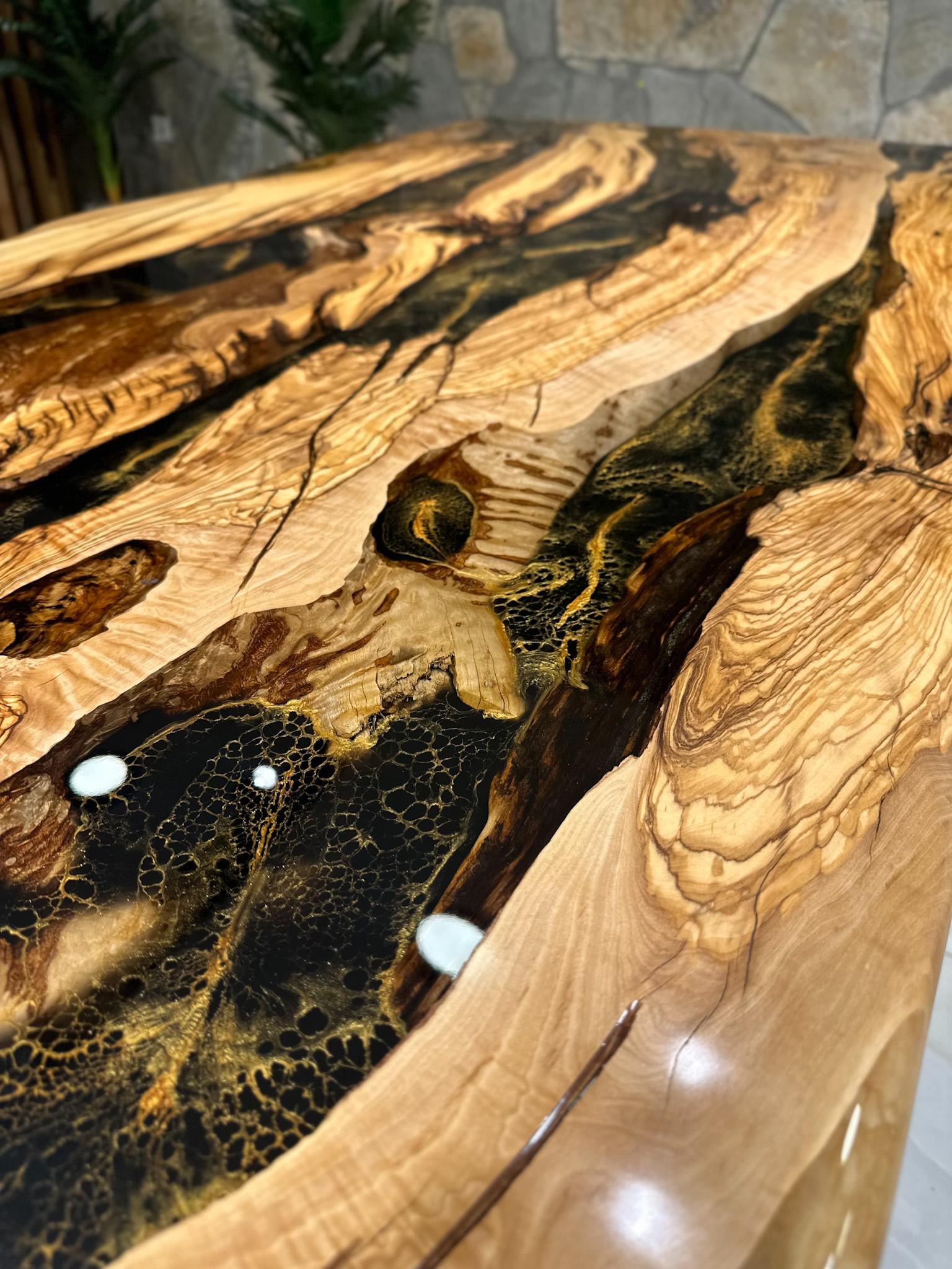 Contemporary Olive Wood Live Edge Resin Table - Dining Custom Table - Kitchen Table For Sale