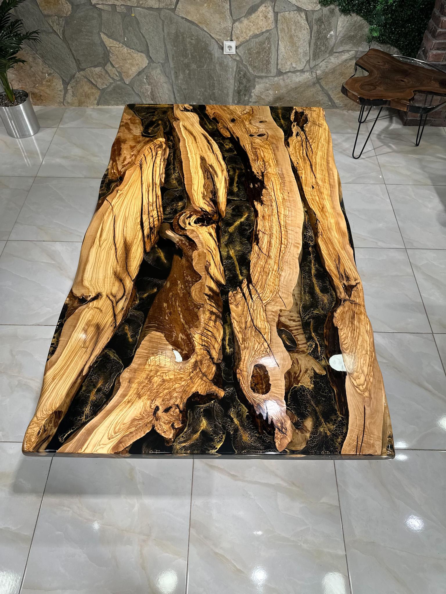 Epoxy Resin Olive Wood Live Edge Resin Table - Dining Custom Table - Kitchen Table For Sale