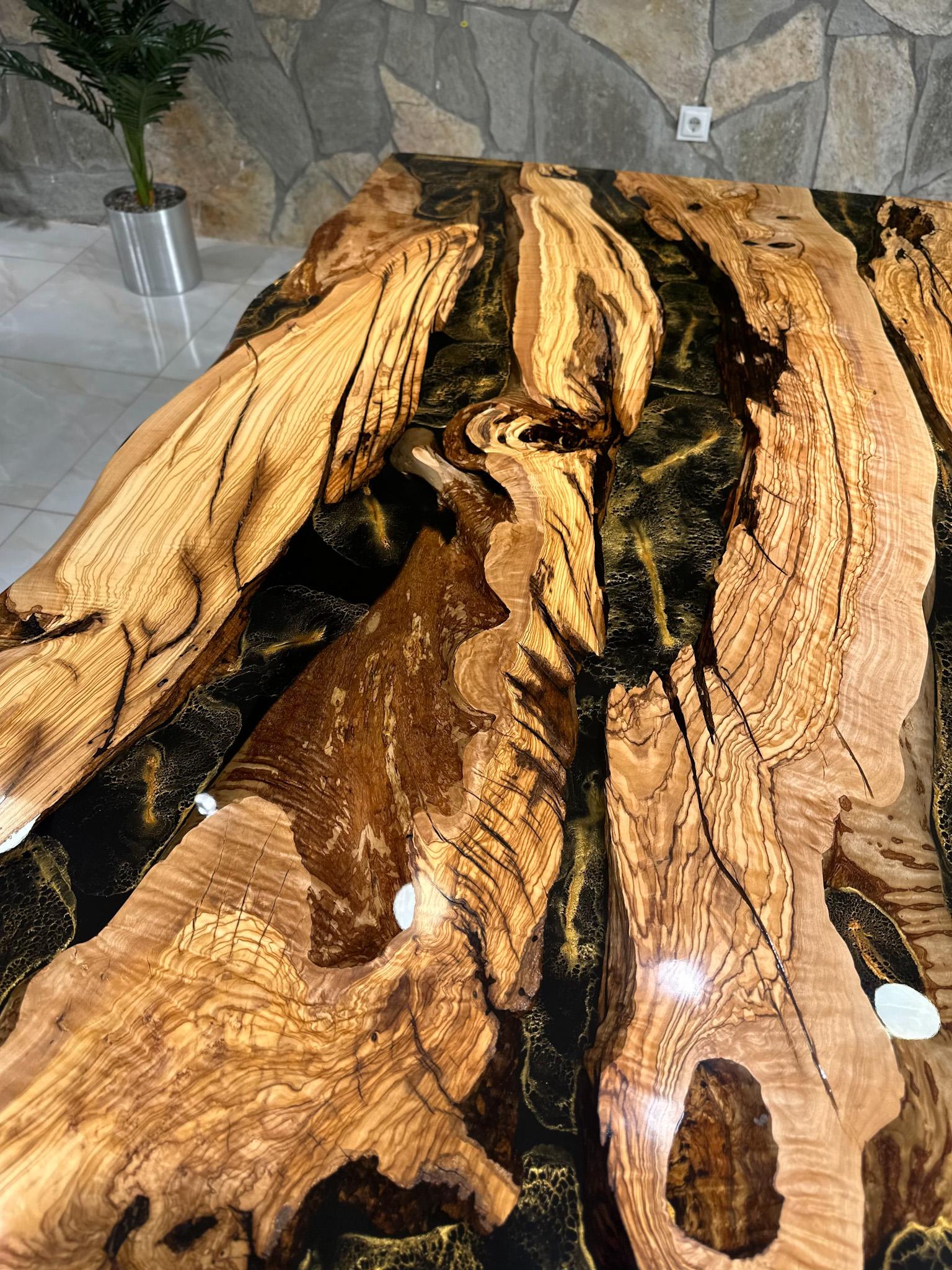 Olive Wood Live Edge Resin Table - Dining Custom Table - Kitchen Table For Sale 1