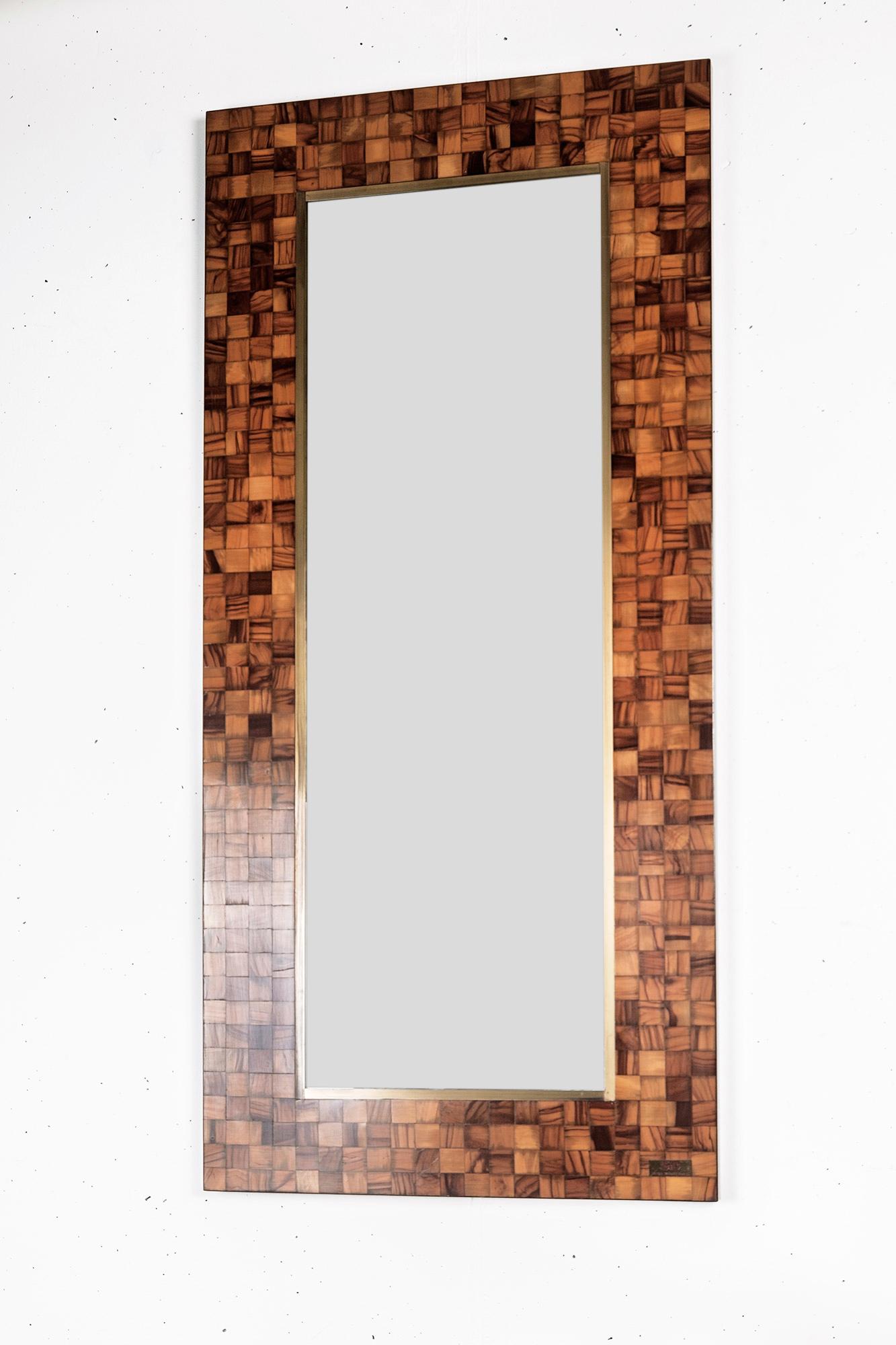 Splendid rare mirror in olive tree marquetry by Sandro Petti for Studio Italiano Design, the mirror is part of an ensemble consisting of a planter, floor ashtray and the mirror.