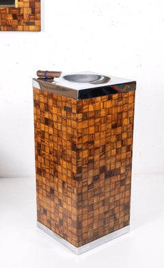 Olive Wood Marquetry Standing Ashtray or Vide-Poche, Sandro Petti, Italy, 1970s