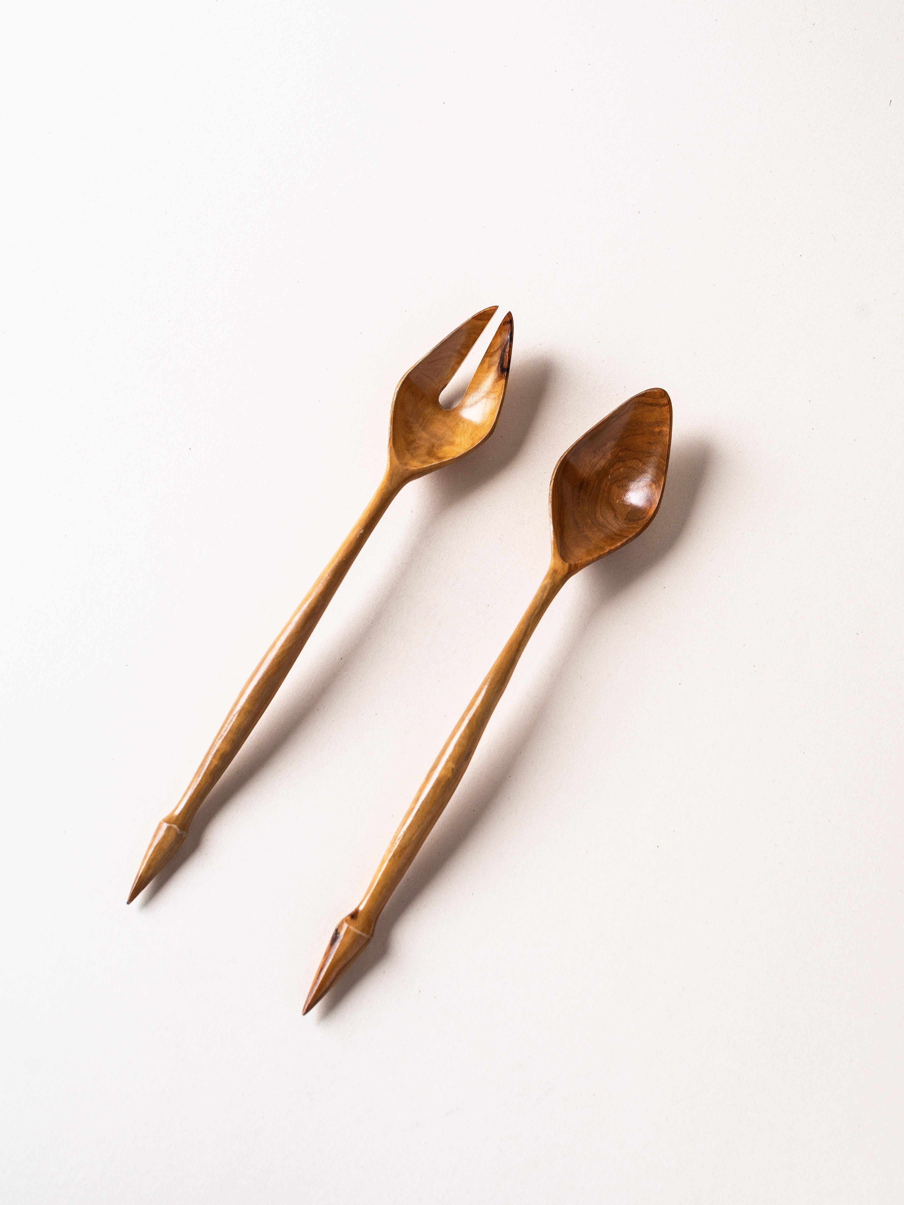 Carved Olive Wood Salad Servers, France 1970s For Sale