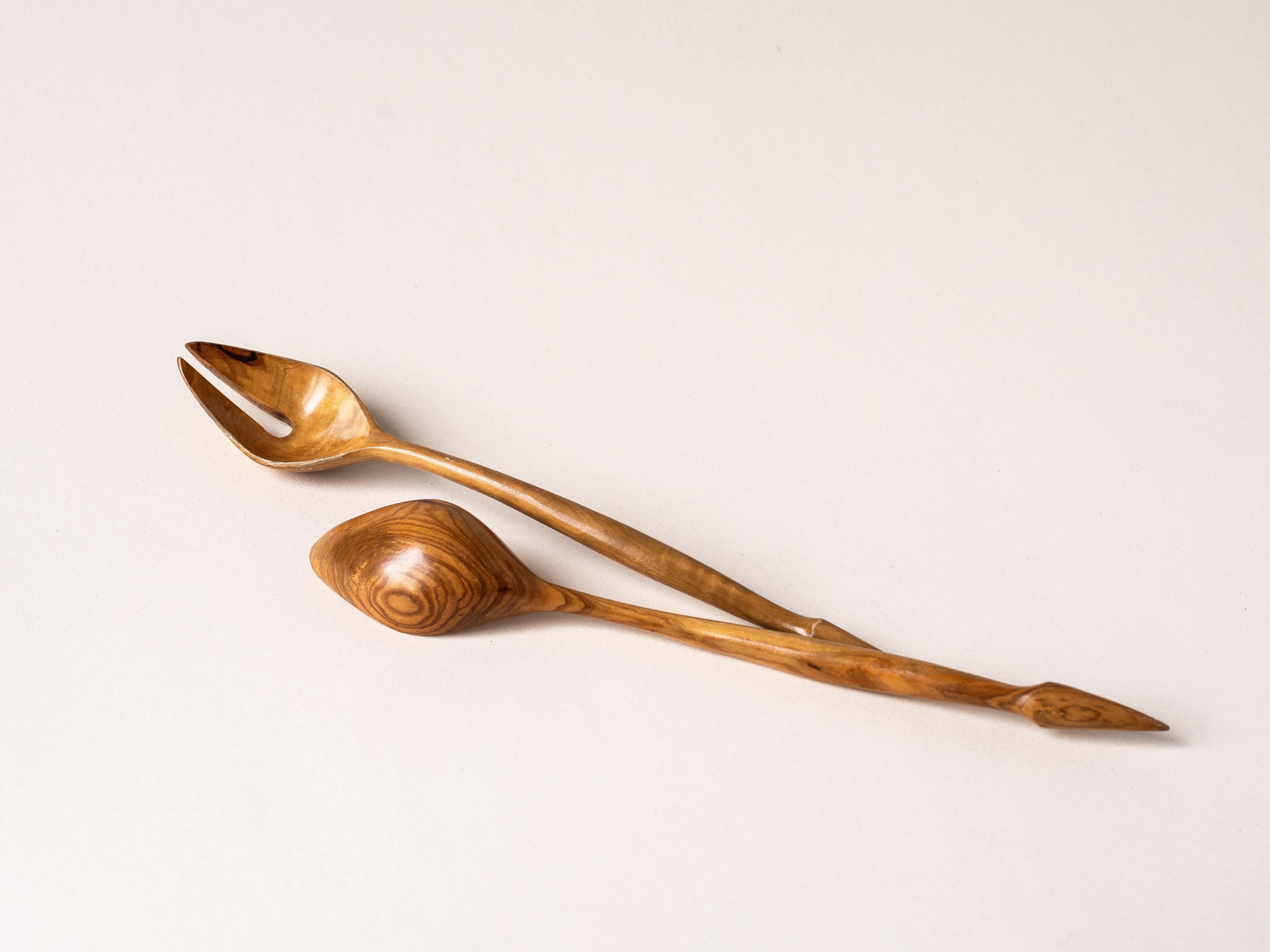 Olive Wood Salad Servers, France 1970s In Excellent Condition For Sale In ROUEN, FR