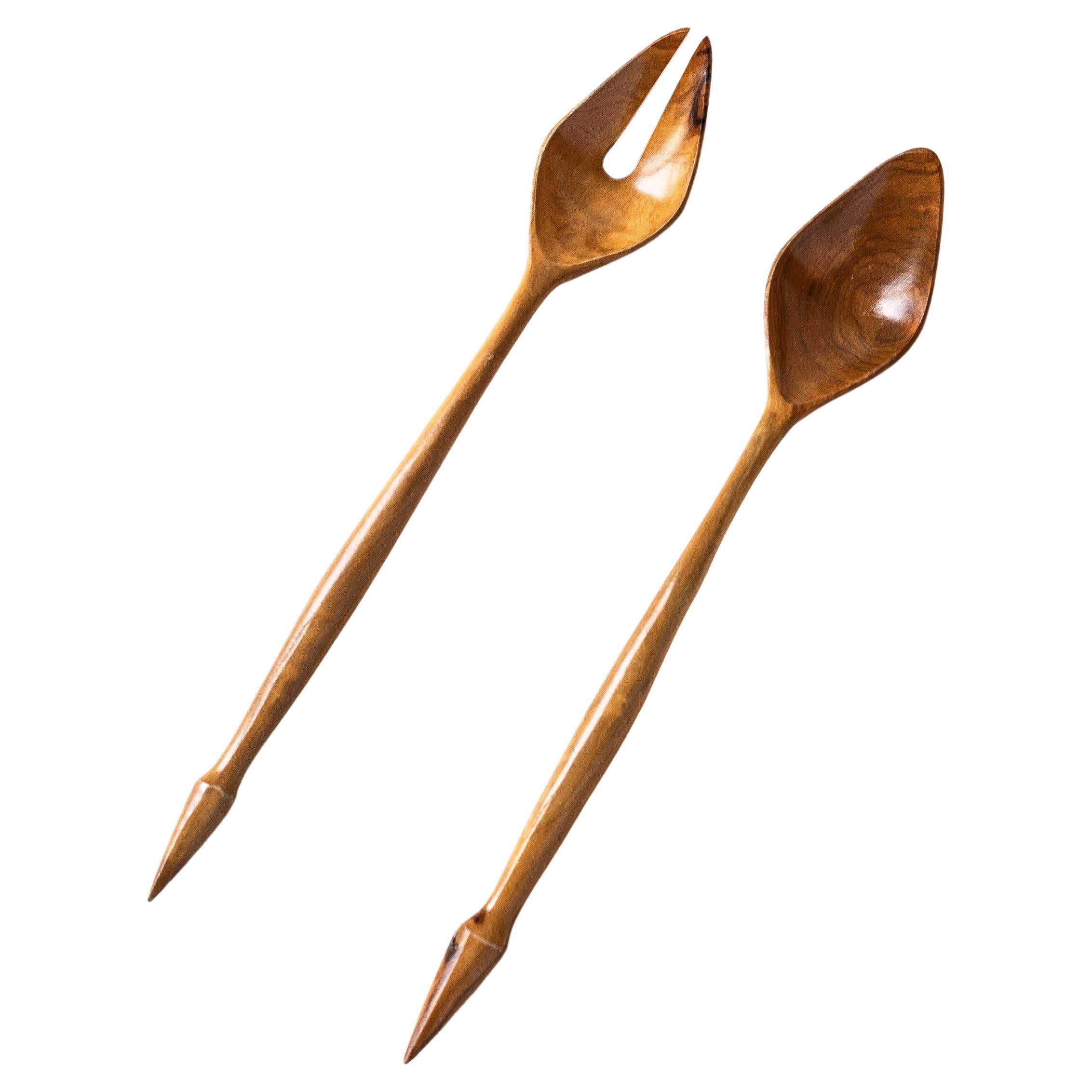 Olive Wood Salad Servers, France 1970s