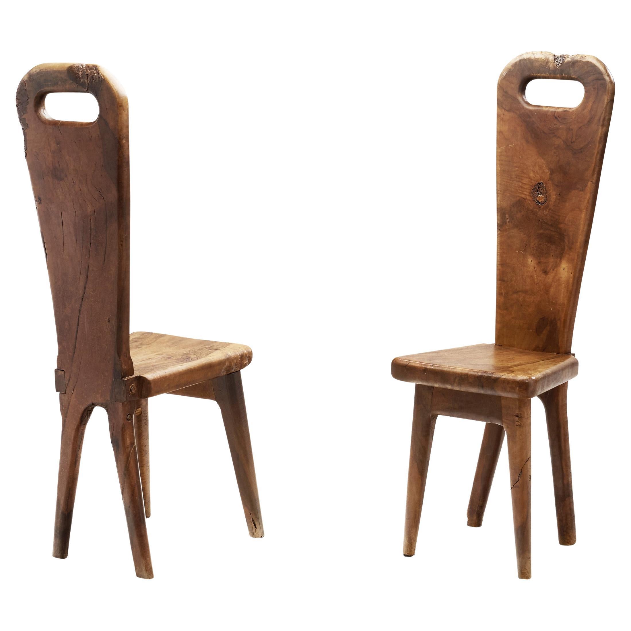 Olive Wood Sculptural High Back French Chairs, France, circa 1970s For Sale