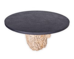 Table de salle à manger coffre en bois d'olivier avec plateau en pierre calcaire noire