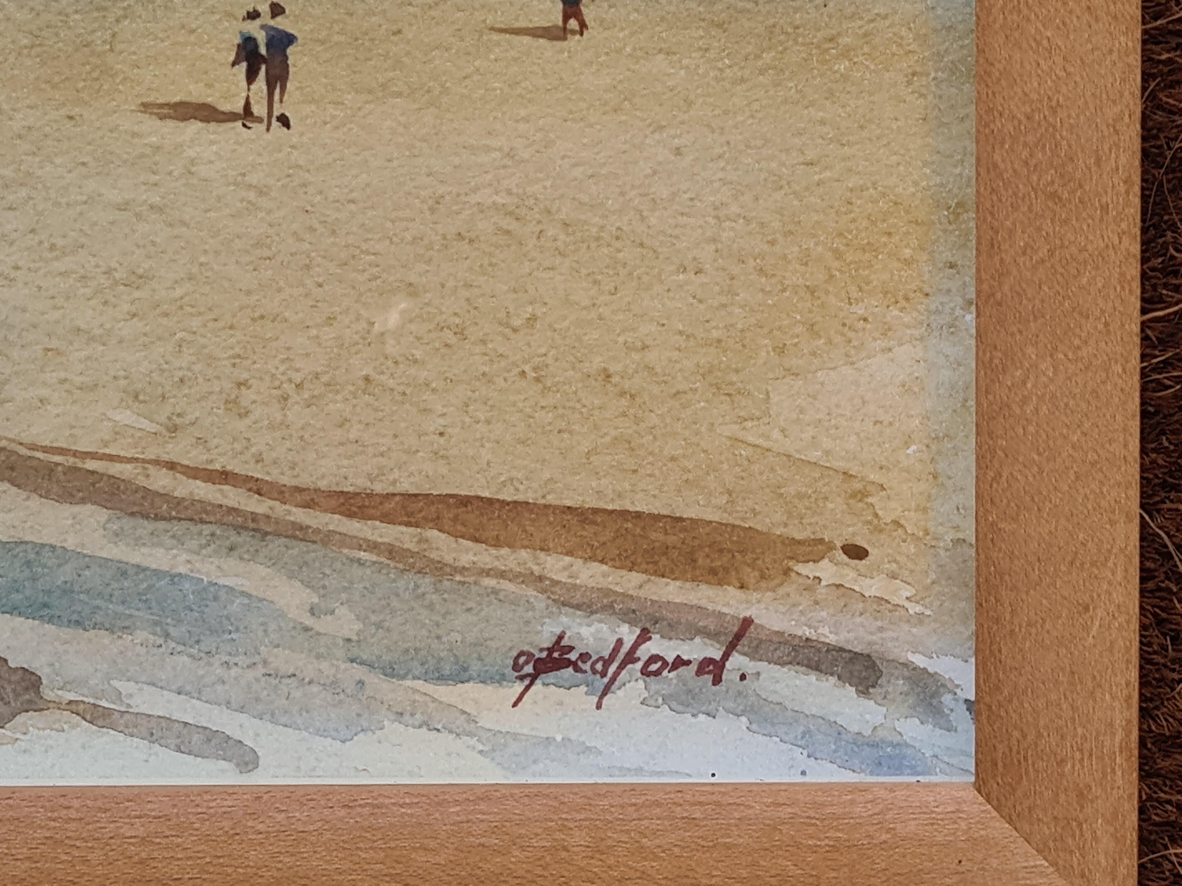 Watercolour on paper of a Cornish beach scene by Oliver Bedford. Signed bottom right. Titled and located on a trade label for The Rowley Gallery, Kensington, London. Presented in custom wood frame under glass.

A charming Cornish beach scene, people
