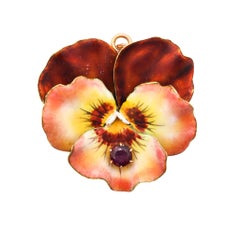 OLIVER & BLOOMFIELD 1900 Jugendstil-Emaille-Stiefmütterchen-Anhänger in 18Kt Gold & Rubin