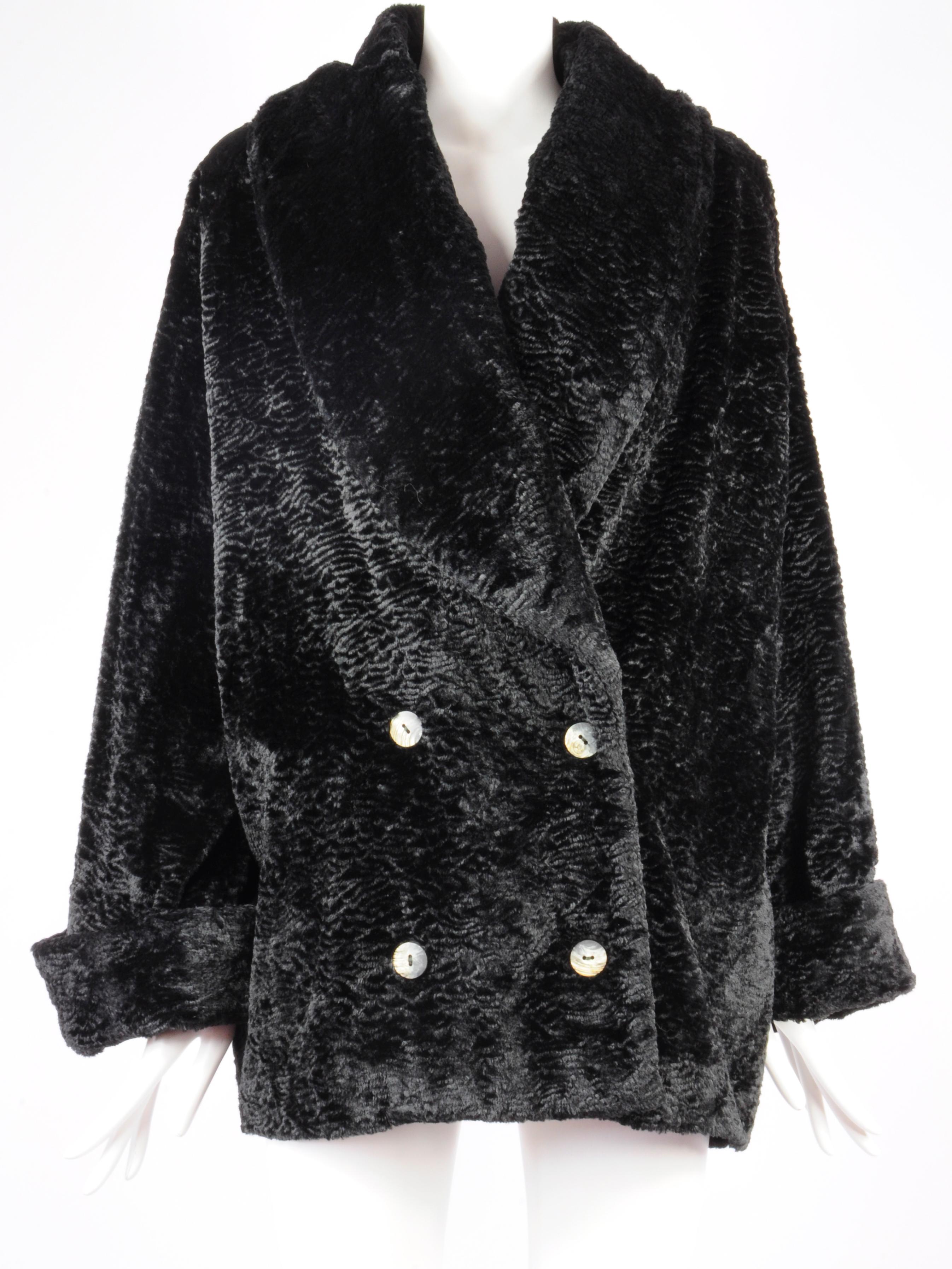 Oliver by Valentino Faux Astrakan Fur Double Breasted Coat Shawl Collar 1990s For Sale 6