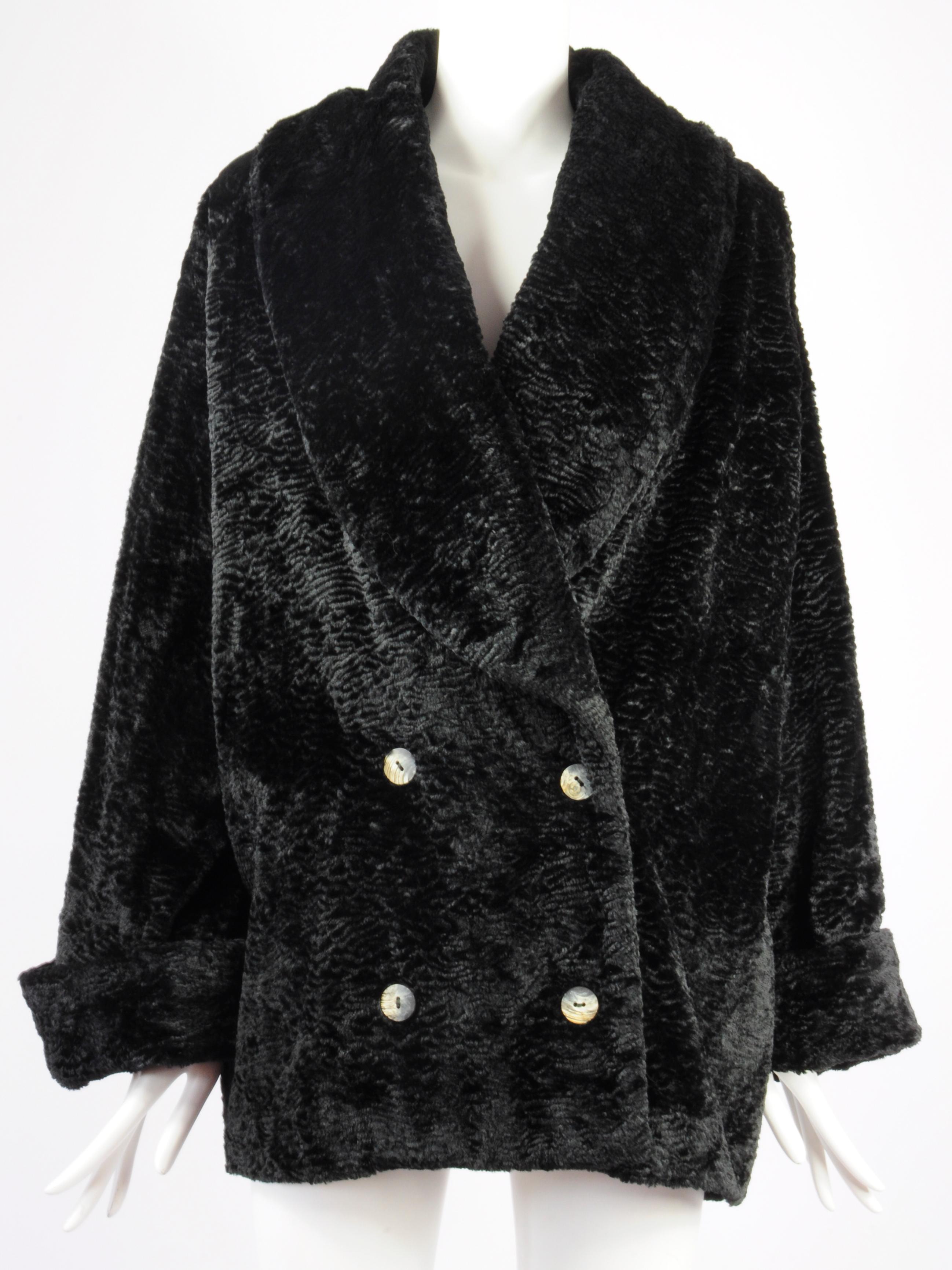Oliver by Valentino faux fur astrakan stule coat, double breasted with shawl collar from the 1990s. Gorgeous astrakan fur look Valentino coat but in faux fur instead. The sleeves can be cuffed to your liking so works for both shorter and longer arm