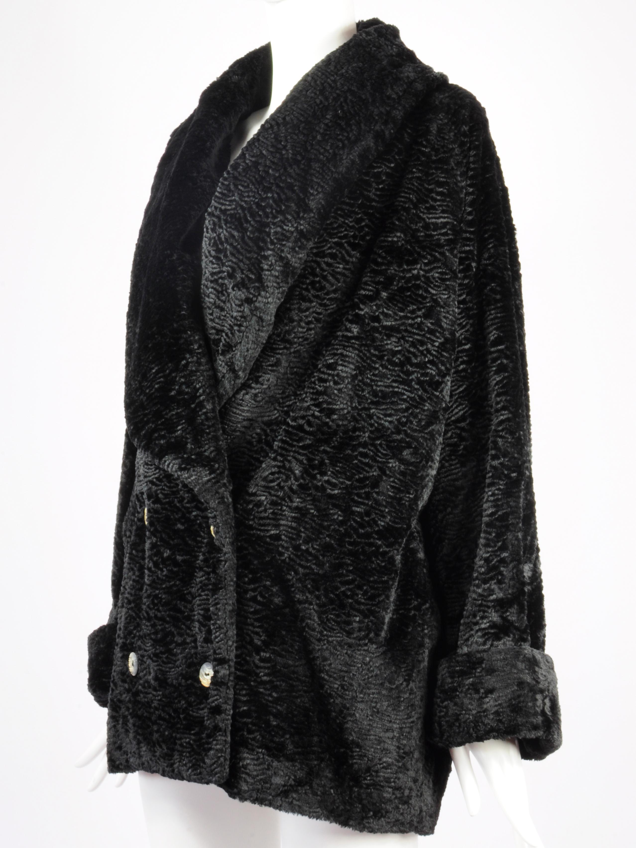 Oliver by Valentino Faux Astrakan Fur Double Breasted Coat Shawl Collar 1990s In Good Condition For Sale In AMSTERDAM, NL